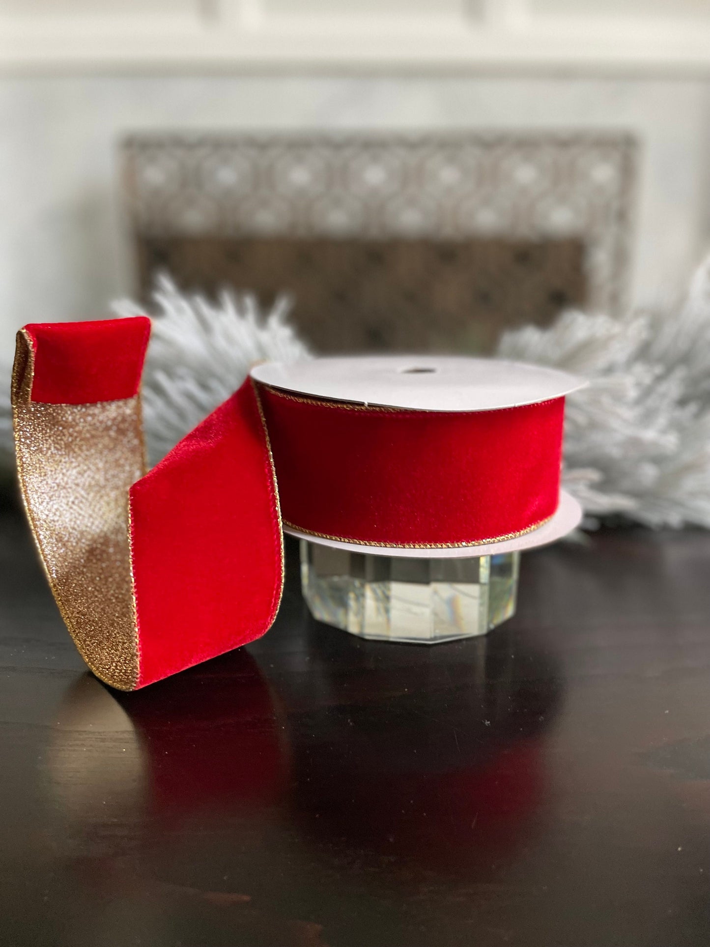 2.5” x 10 yds. Designer red velvet and gold glitter ribbon. Wired. Farrisilk.