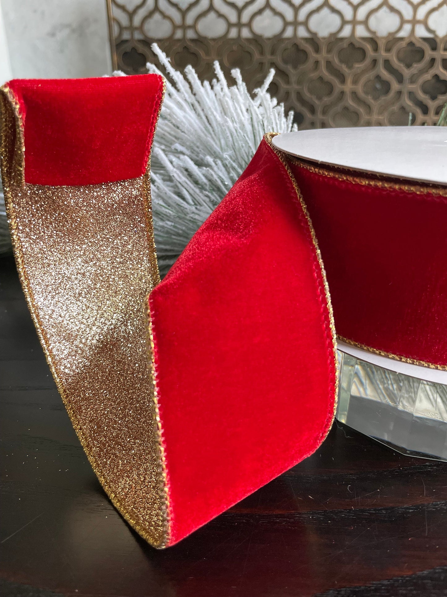 2.5” x 10 yds. Designer red velvet and gold glitter ribbon. Wired. Farrisilk.