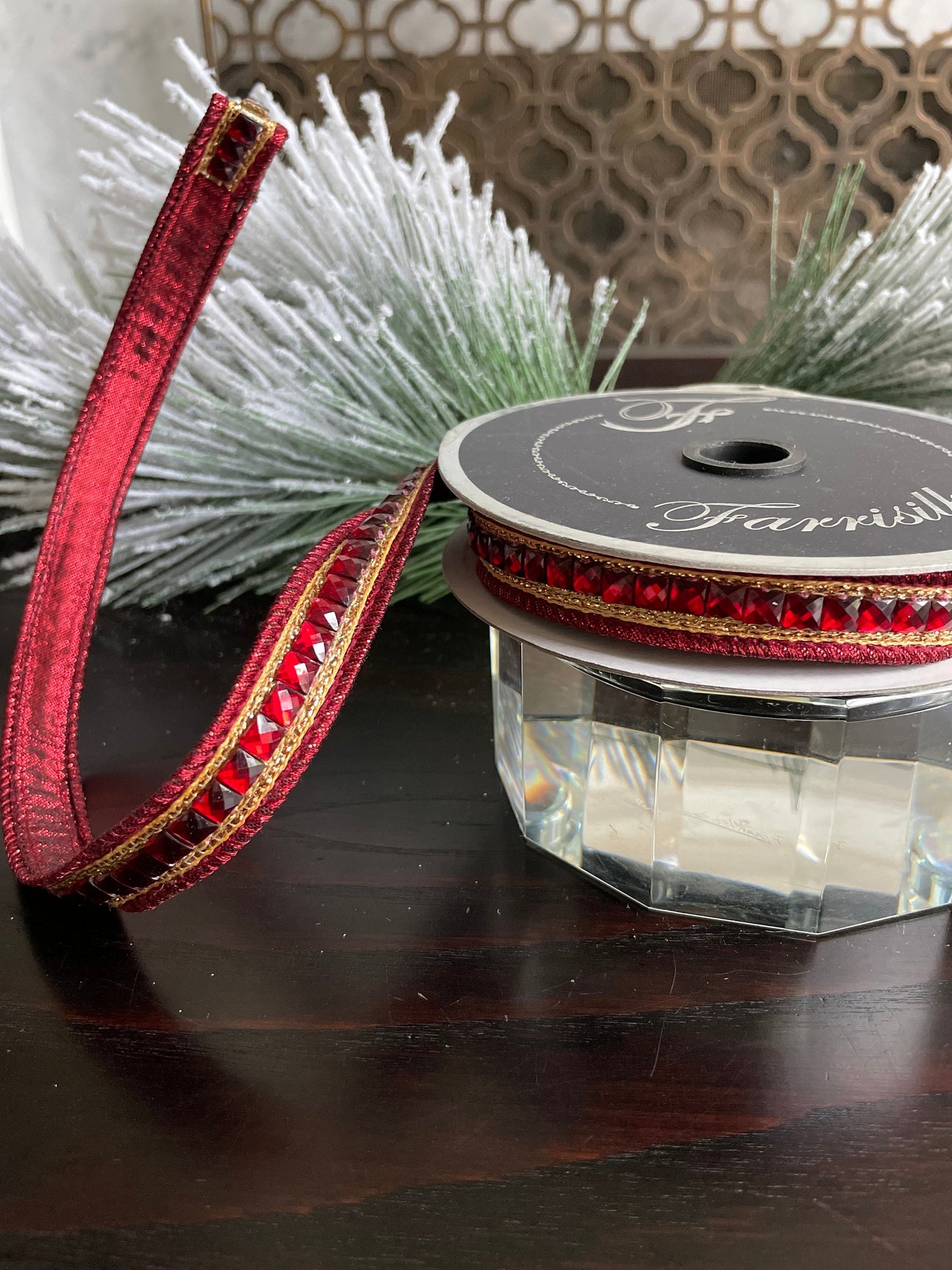 Ribbon .75” x 5 yds. Designer jewely garland ruby ribbon. Wired. Farrisilk.
