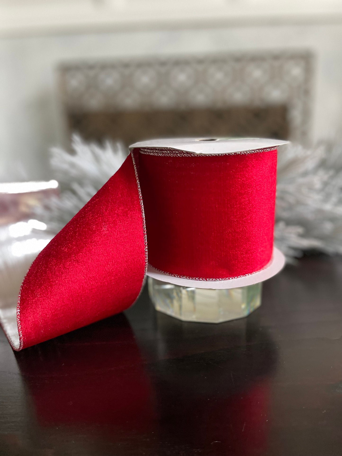 4” x 10 yds. Red velvet and silver back ribbon. Wired. Regency.