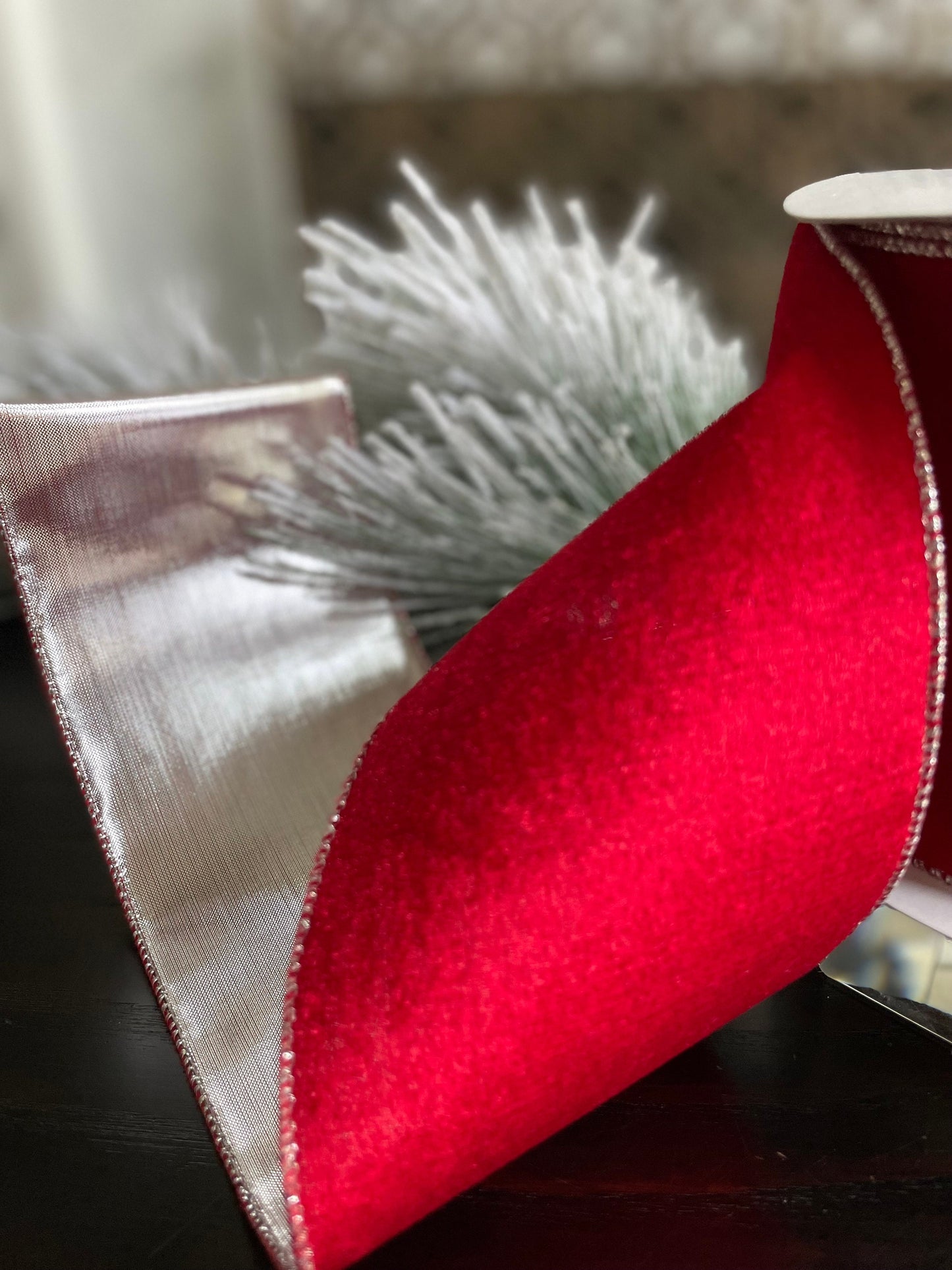 4” x 10 yds. Red velvet and silver back ribbon. Wired. Regency.