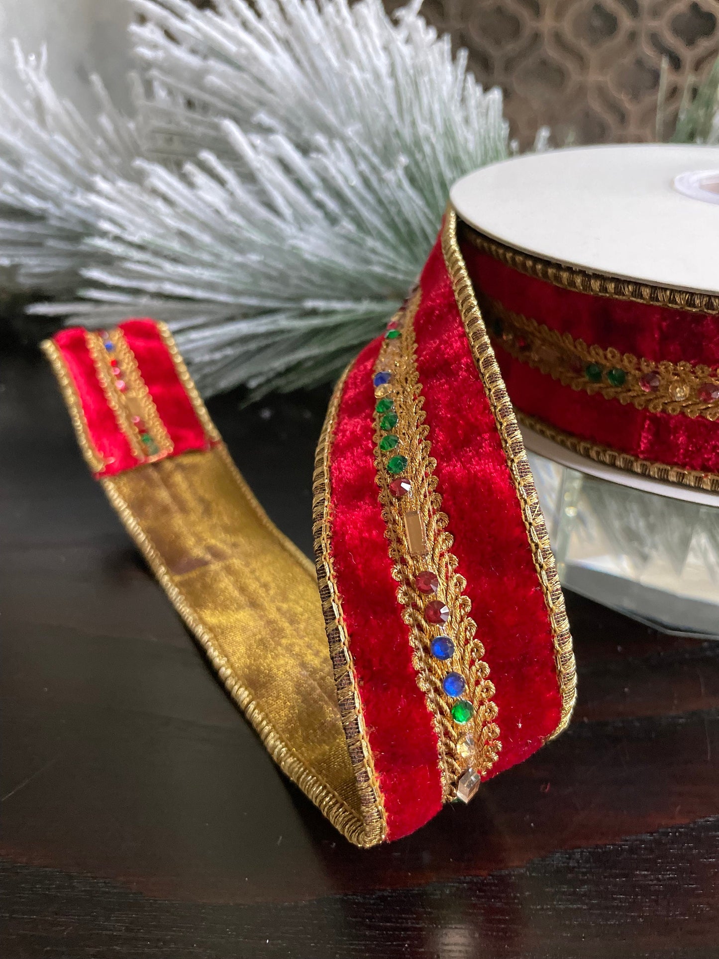 1.5” x 5 yds. Designer red diamond jewel trim velvet ribbon. Wired. Regency. Gorgeous!*