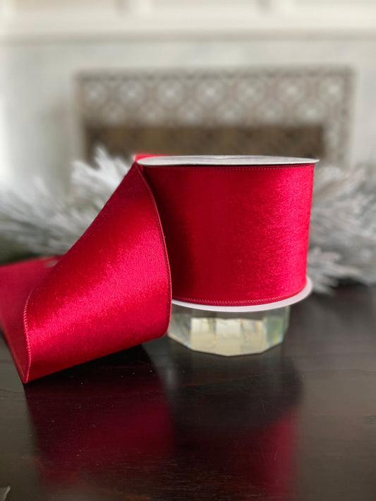 4” x 10 yds. Burgundy velvet with dupion back ribbon. Wired. Regency.
