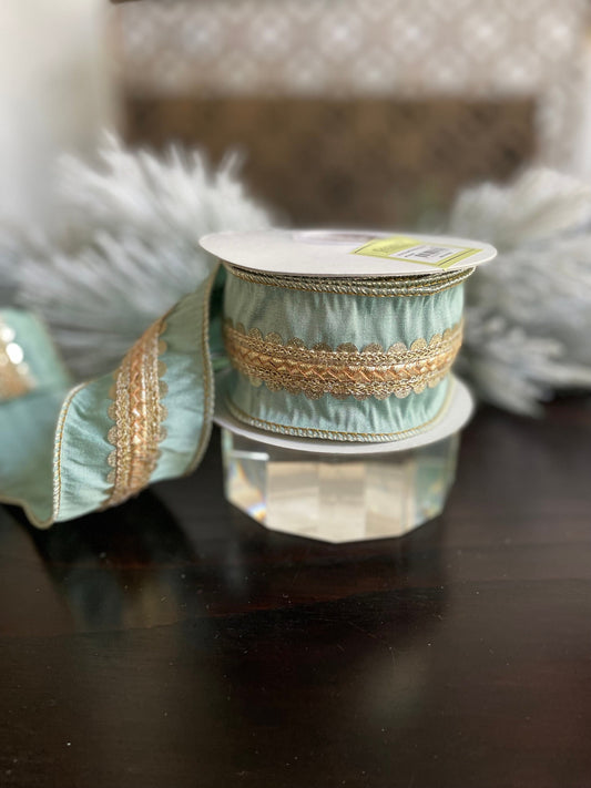 2.5” x 5 yds Designer aqua and light gold scalloped braid dupion ribbon. Wired. Regency.