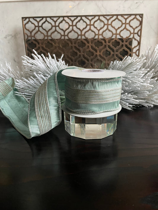 2.5” x 5 yds Designer aqua and light gold stripe trim dupion ribbon. Wired. Regency.