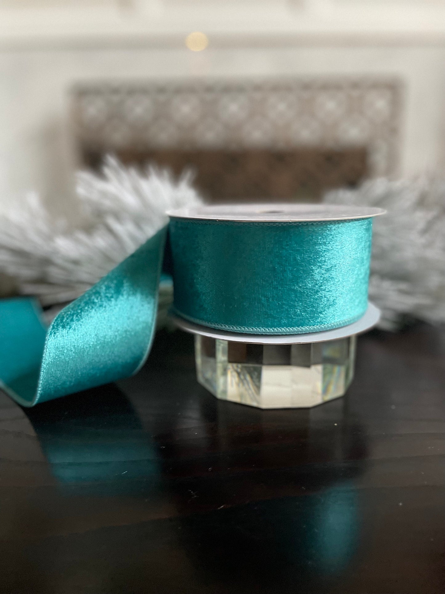 2.5” x 10 yds. Designer turquoise velvet with dupion back ribbon. Wired. Regency.