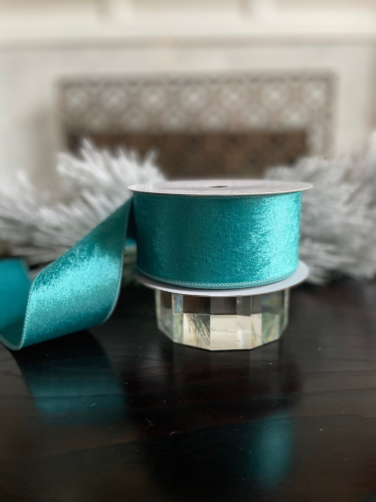 2.5” x 10 yds. Designer turquoise velvet with dupion back ribbon. Wired. Regency.