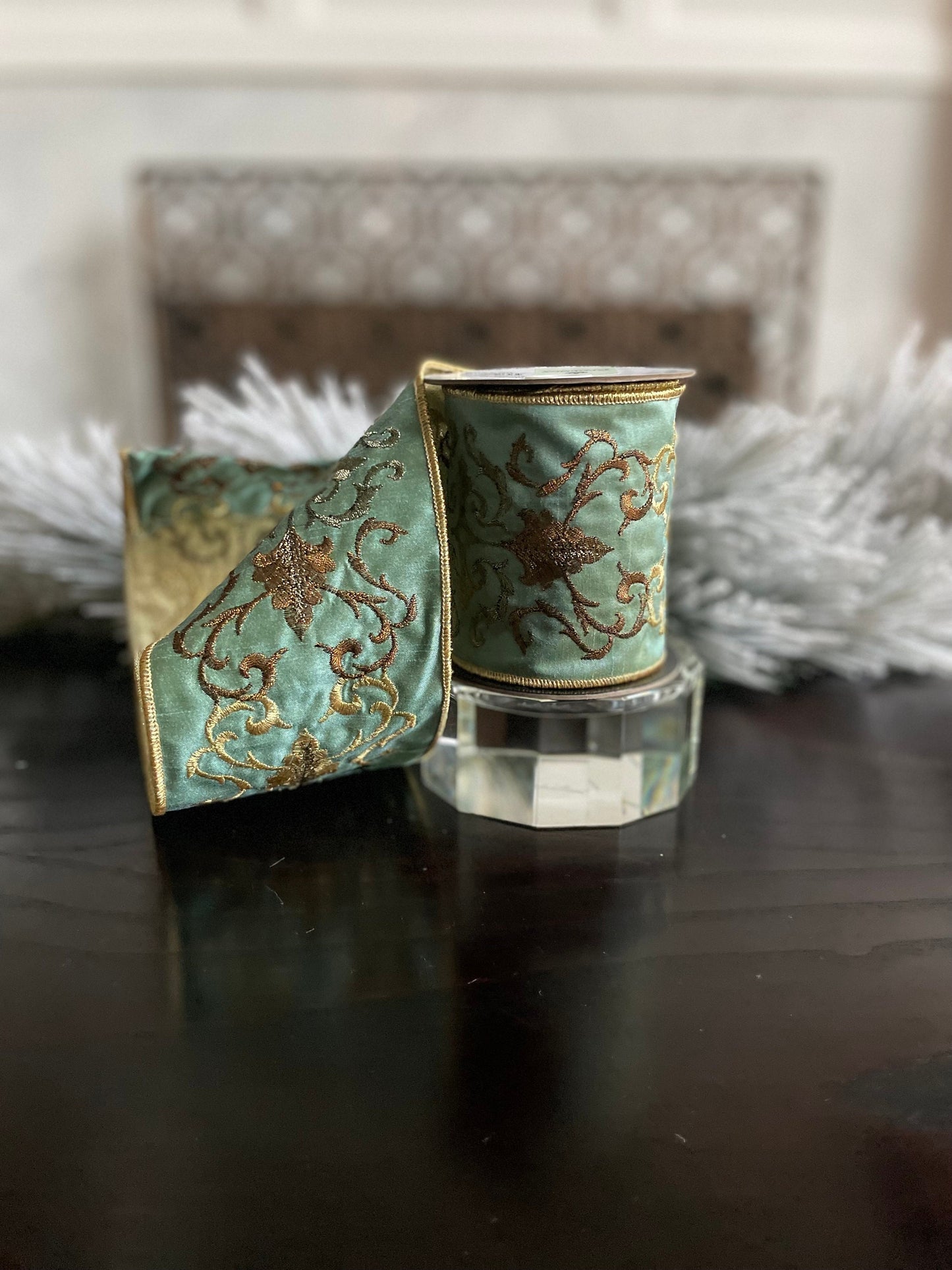 4” x 5 yds. Designer aqua and gold embroidered leaf filigree ribbon. Wired. Regency.