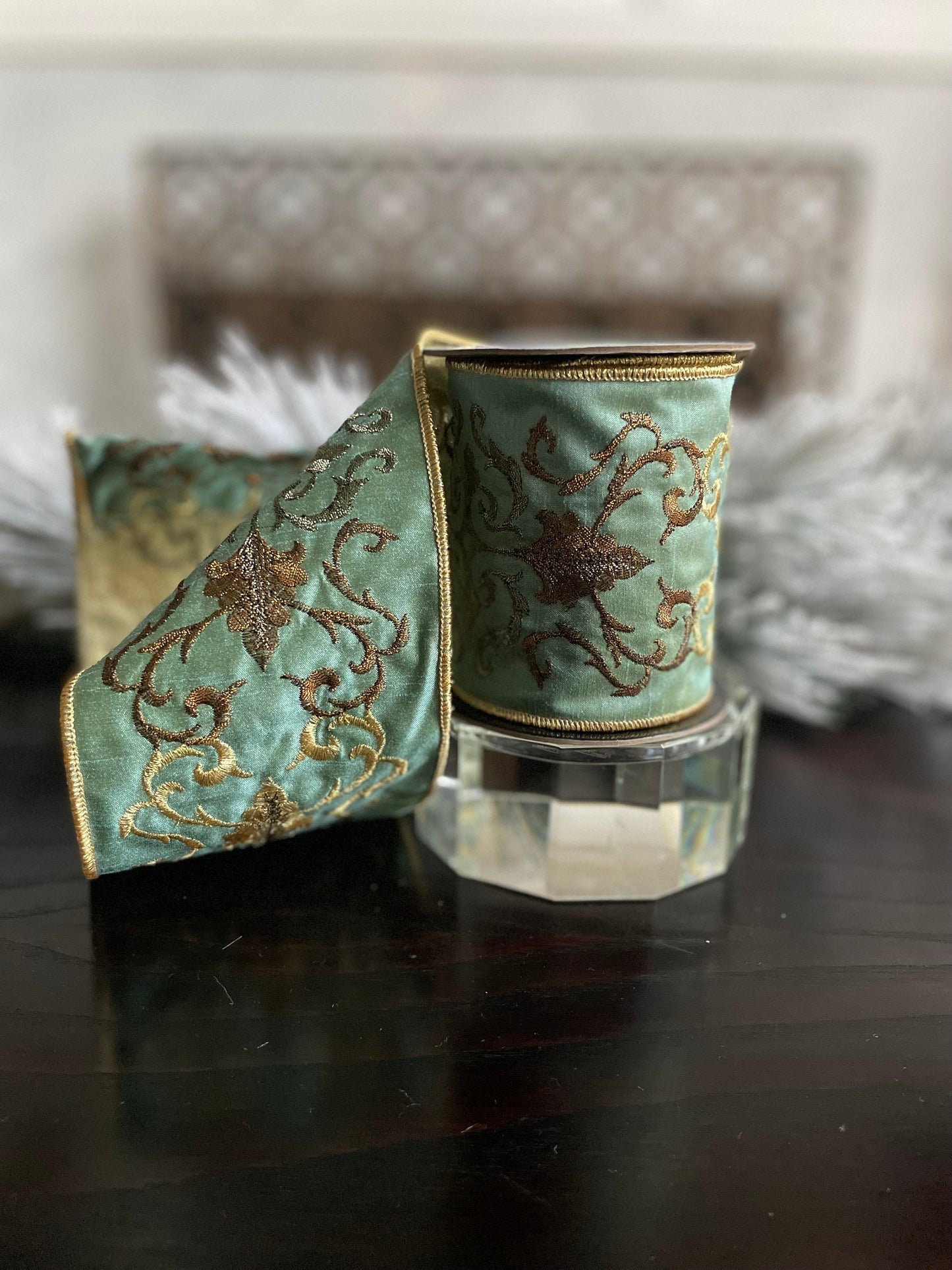 4” x 5 yds. Designer aqua and gold embroidered leaf filigree ribbon. Wired. Regency.