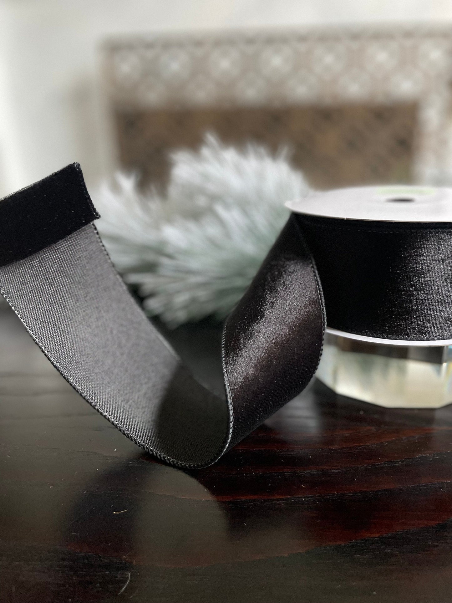 2.5” x 10 yds. Designer black velvet with dupion back ribbon. Wired. Regency.