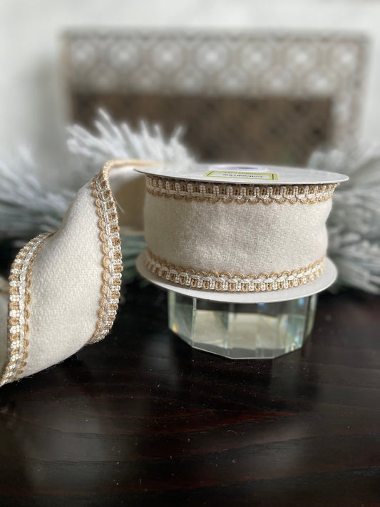 2.5” x 5 yds Designer jute trim on cream wool felt ribbon. Wired. Regency.