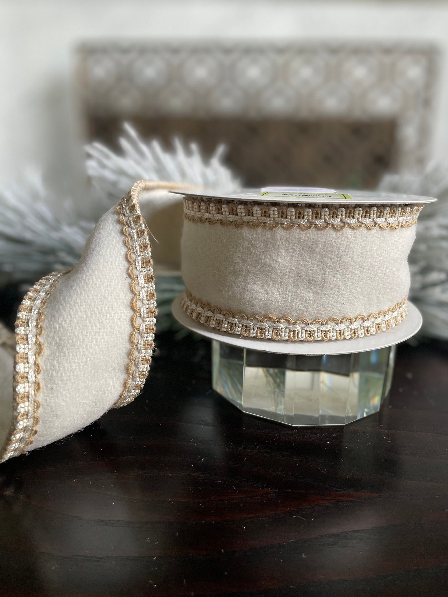 2.5” x 5 yds Designer jute trim on cream wool felt ribbon. Wired. Regency.