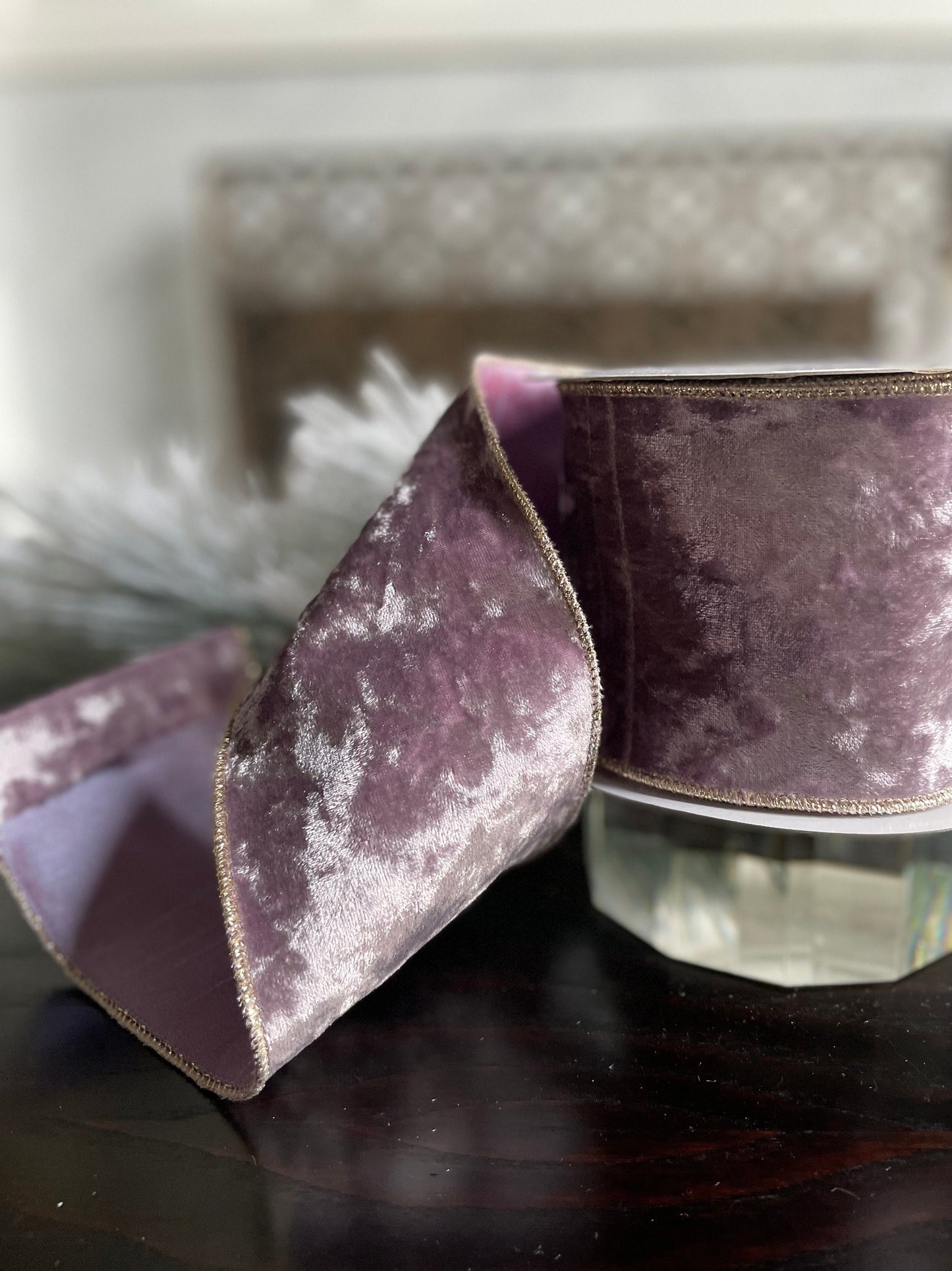 4” x 10 yds. Lavender and gold shimmering velvet ribbon. Wired. Regency.