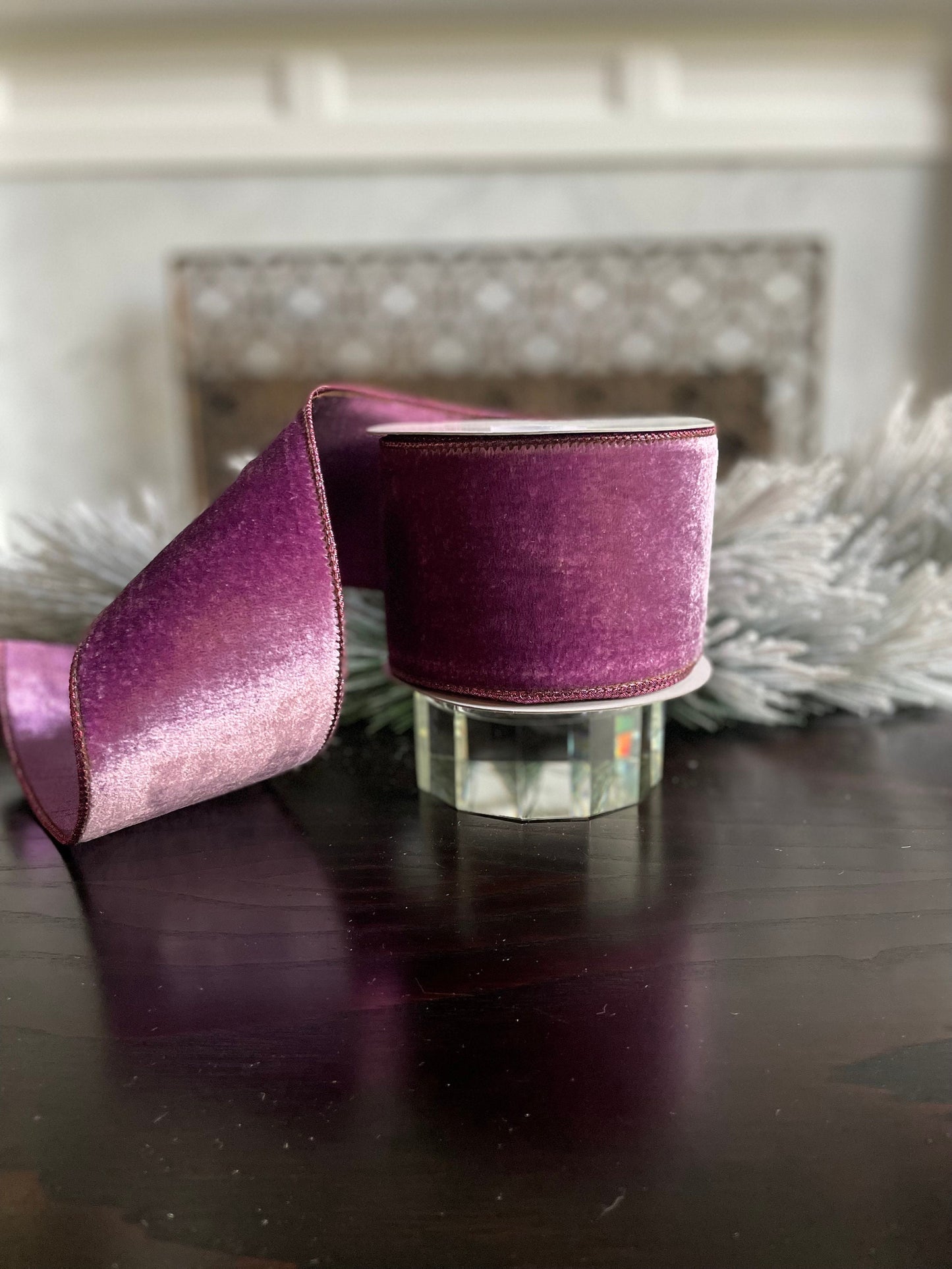 4” x 10 yds. Lavender crown velvet metallic back ribbon. Wired. Regency.