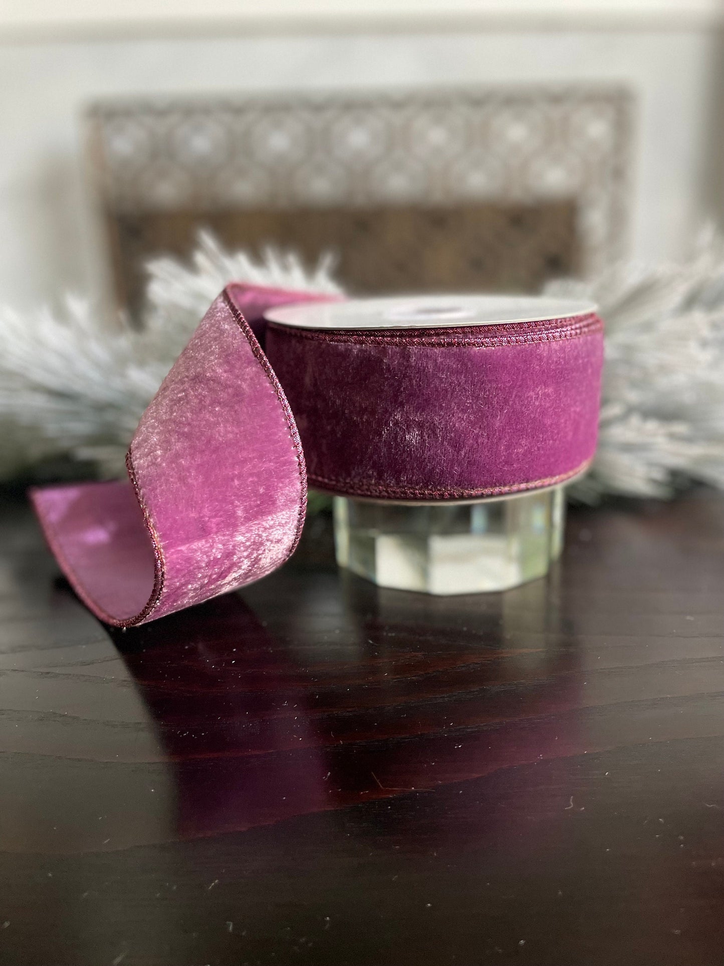 2.5” x 10 yds. Lavender crown velvet metallic back ribbon. Wired. Regency.