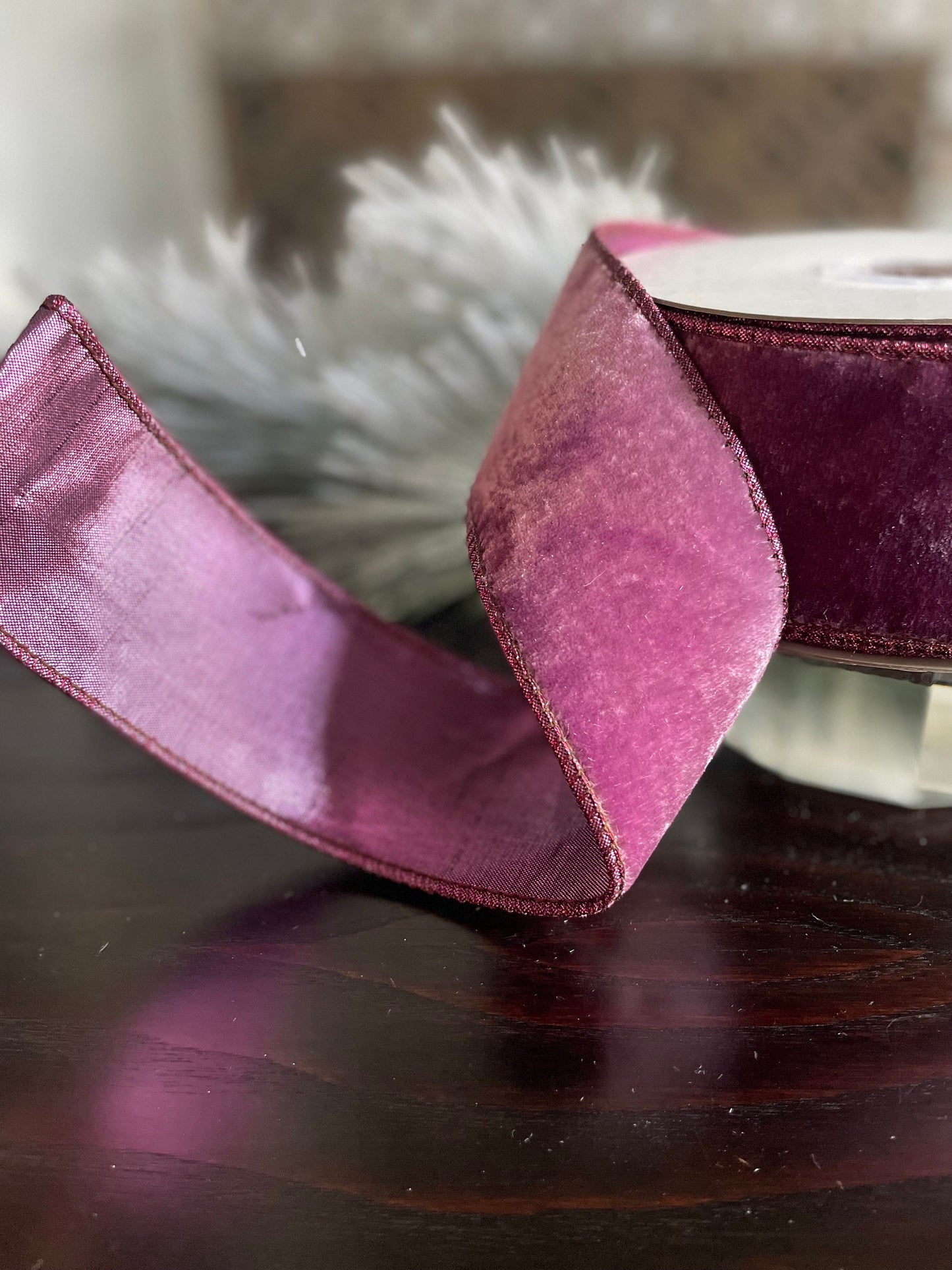 2.5” x 10 yds. Lavender crown velvet metallic back ribbon. Wired. Regency.