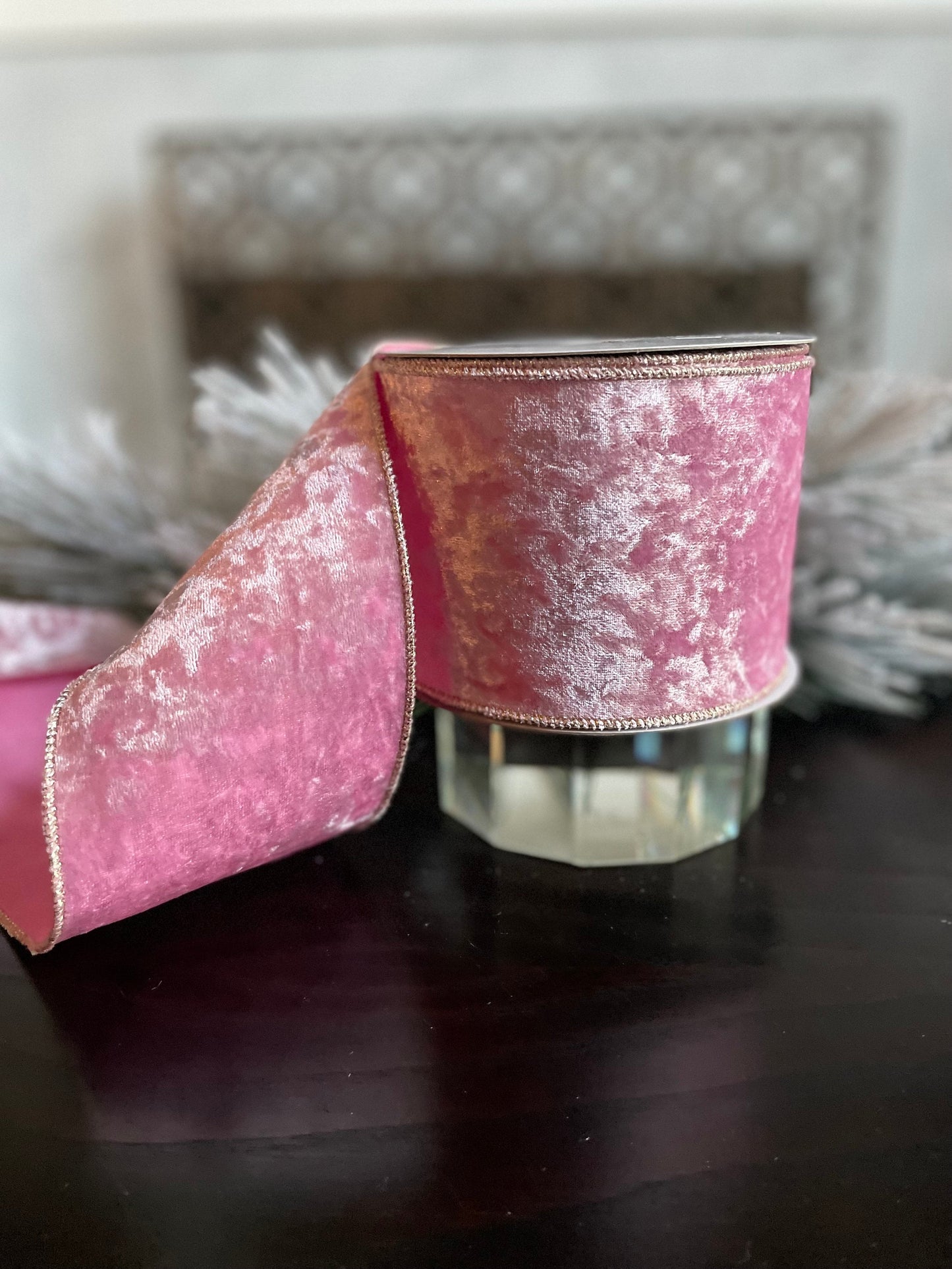 4” x 10 yds. Pink and gold shimmering velvet ribbon. Wired. Regency.