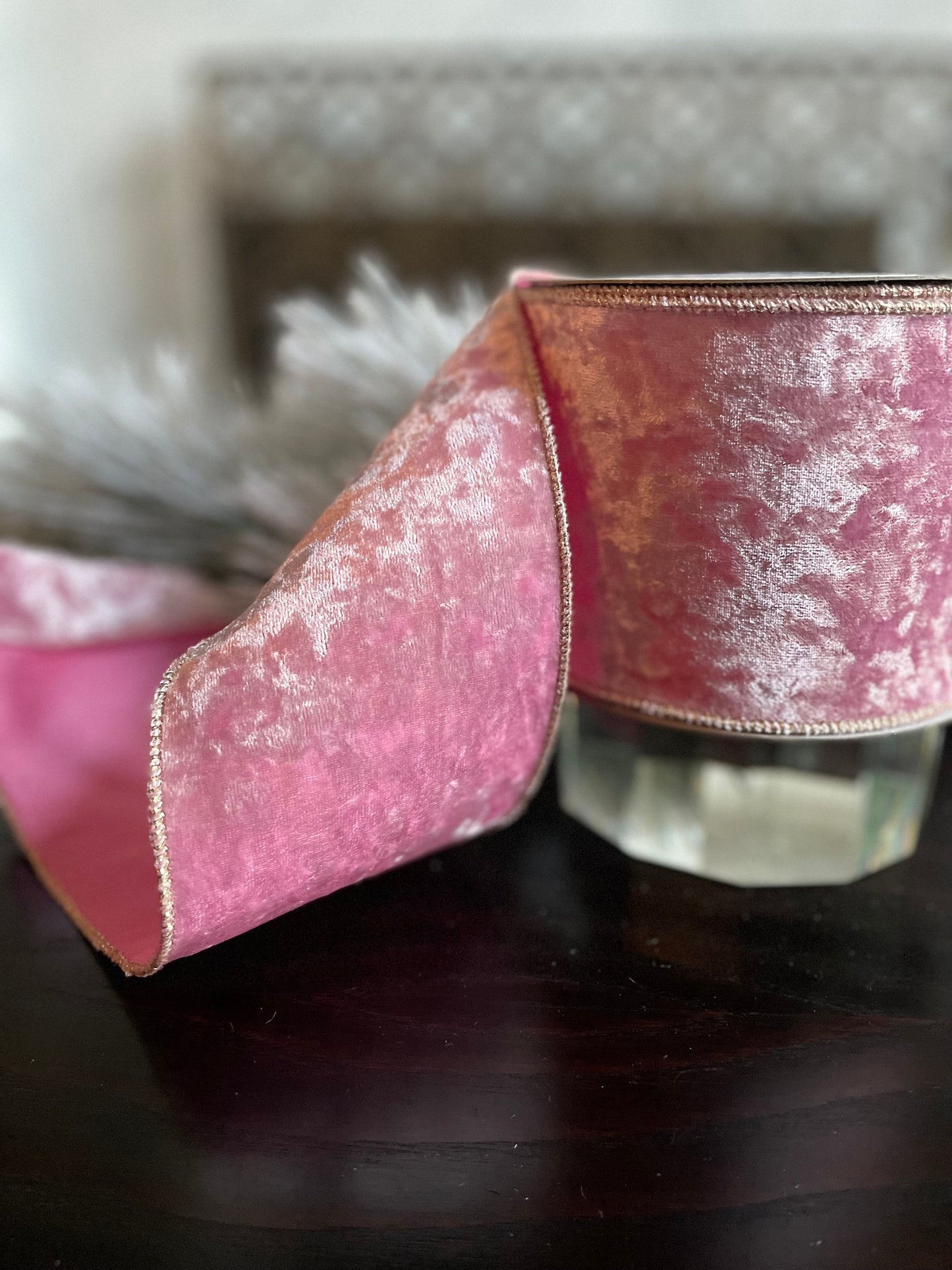 4” x 10 yds. Pink and gold shimmering velvet ribbon. Wired. Regency.