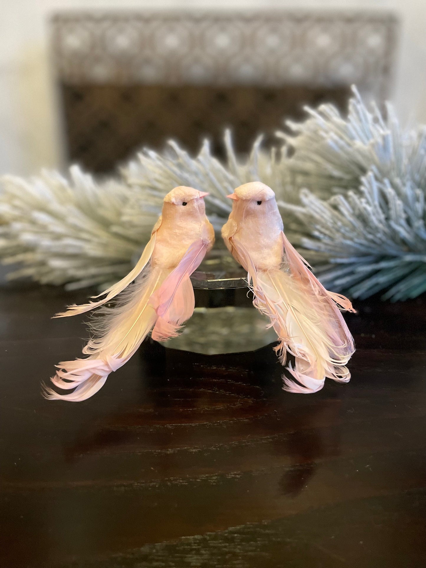 6” Pair of velvet and feather fluffy tail bird clip ornaments. Soft pink. 1 set of 2 birds.
