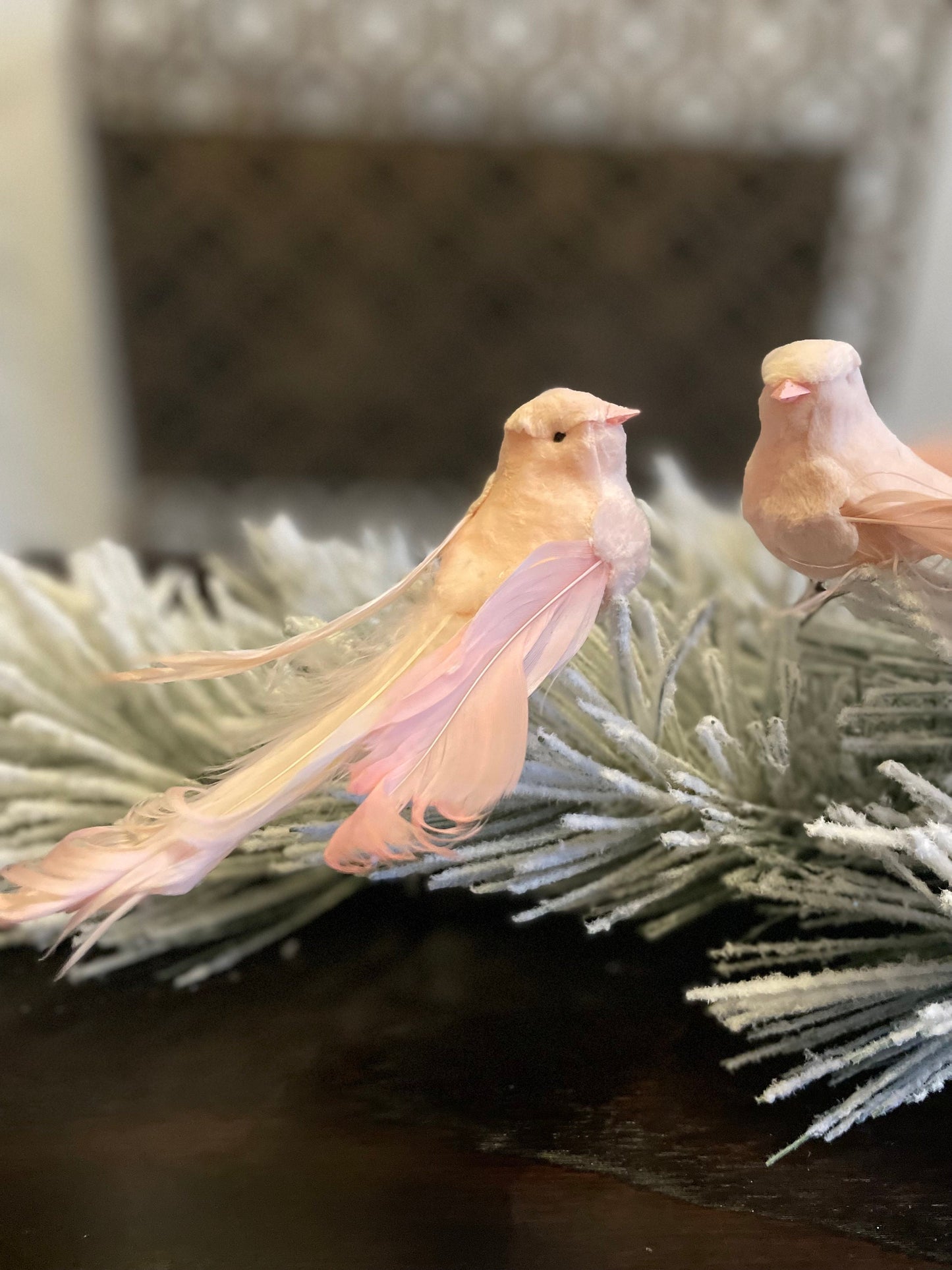 6” Pair of velvet and feather fluffy tail bird clip ornaments. Soft pink. 1 set of 2 birds.