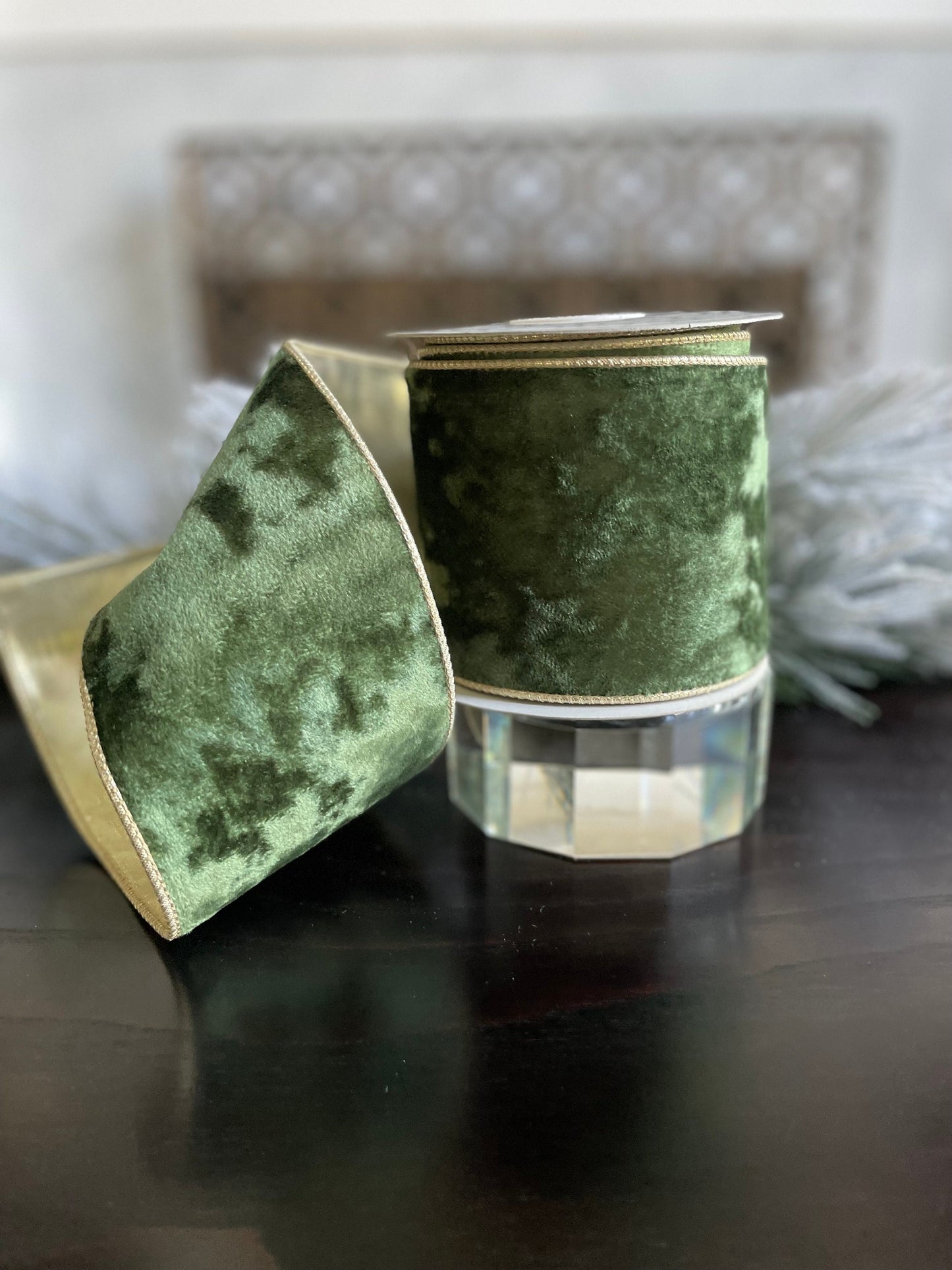 4” X 10 yds Green with gold trim velvet wired ribbon. Raz.