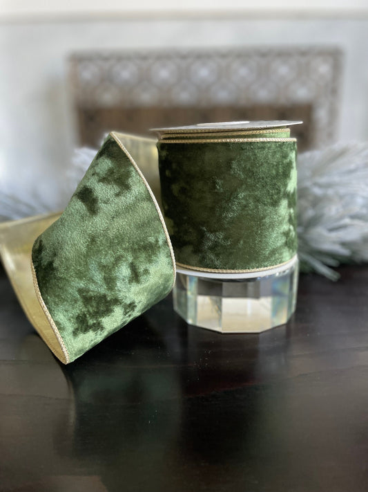 4” X 10 yds Green with gold trim velvet wired ribbon. Raz.
