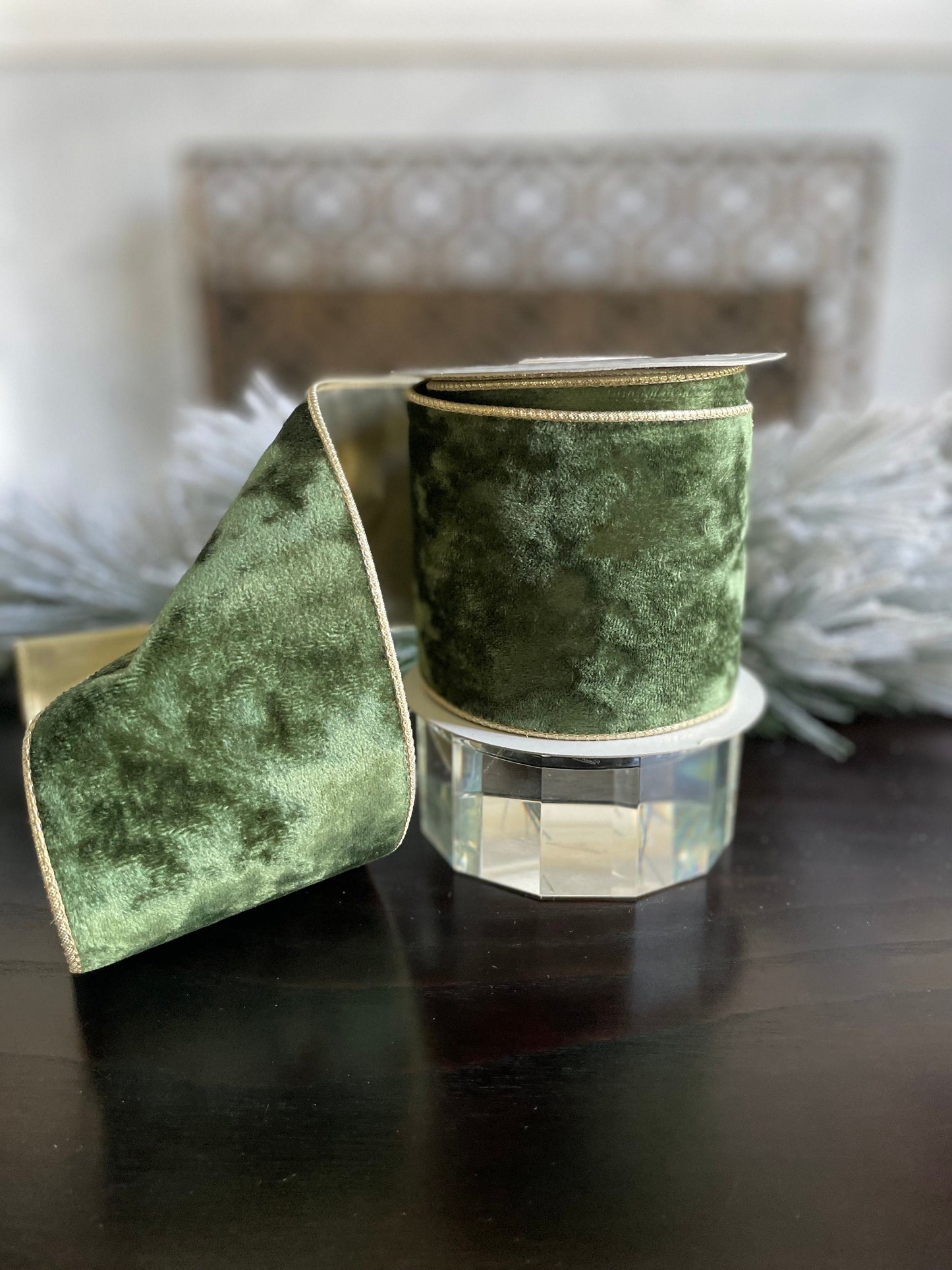 4” X 10 yds Green with gold trim velvet wired ribbon. Raz.
