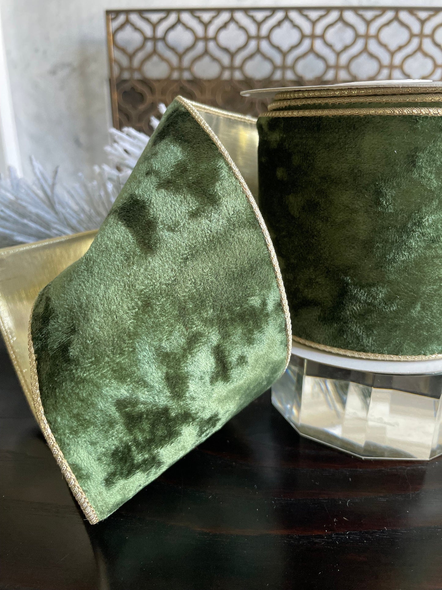 4” X 10 yds Green with gold trim velvet wired ribbon. Raz.