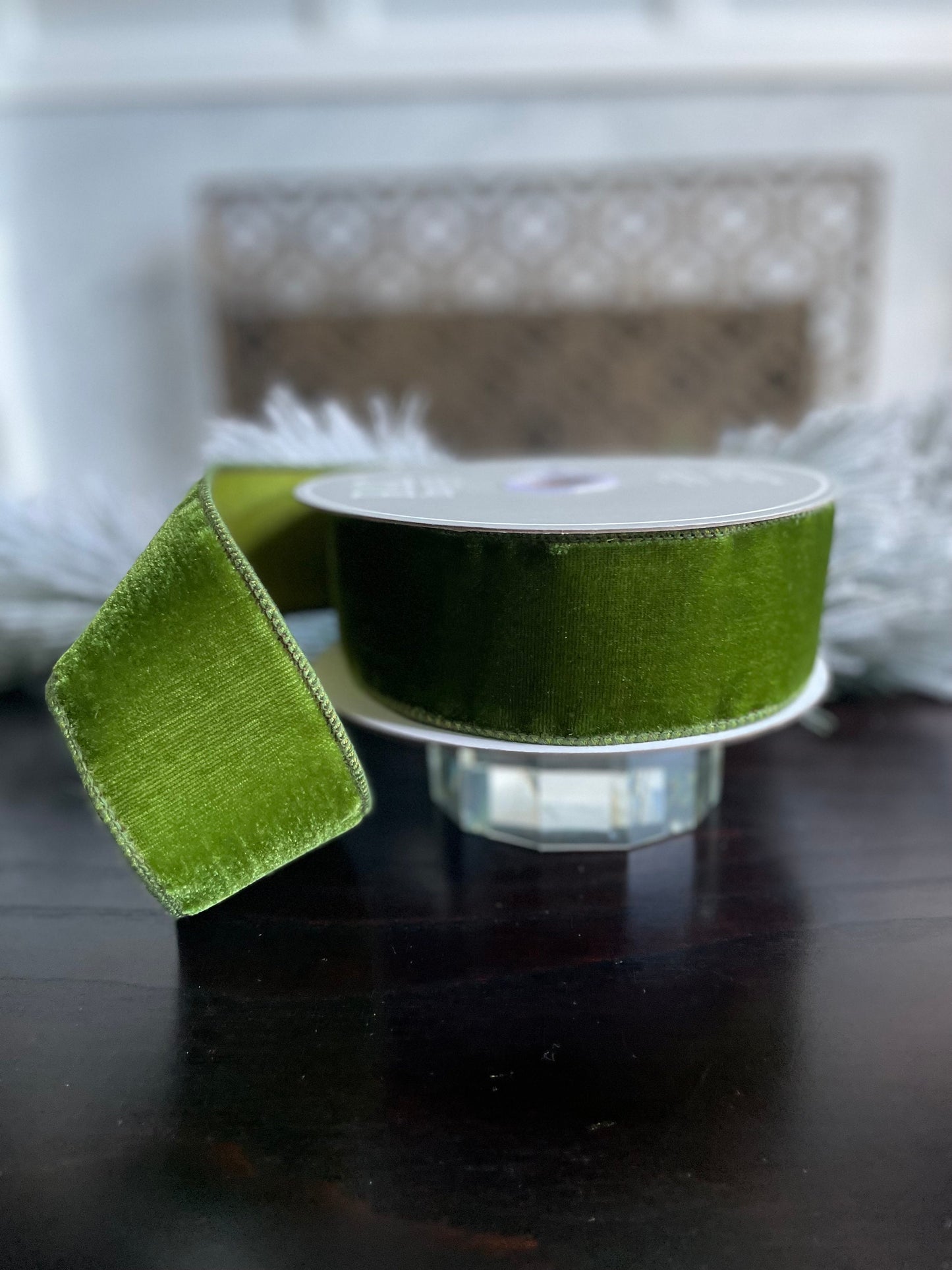 2.5” x 10 yds. Designer green velvet wired ribbon. Raz.