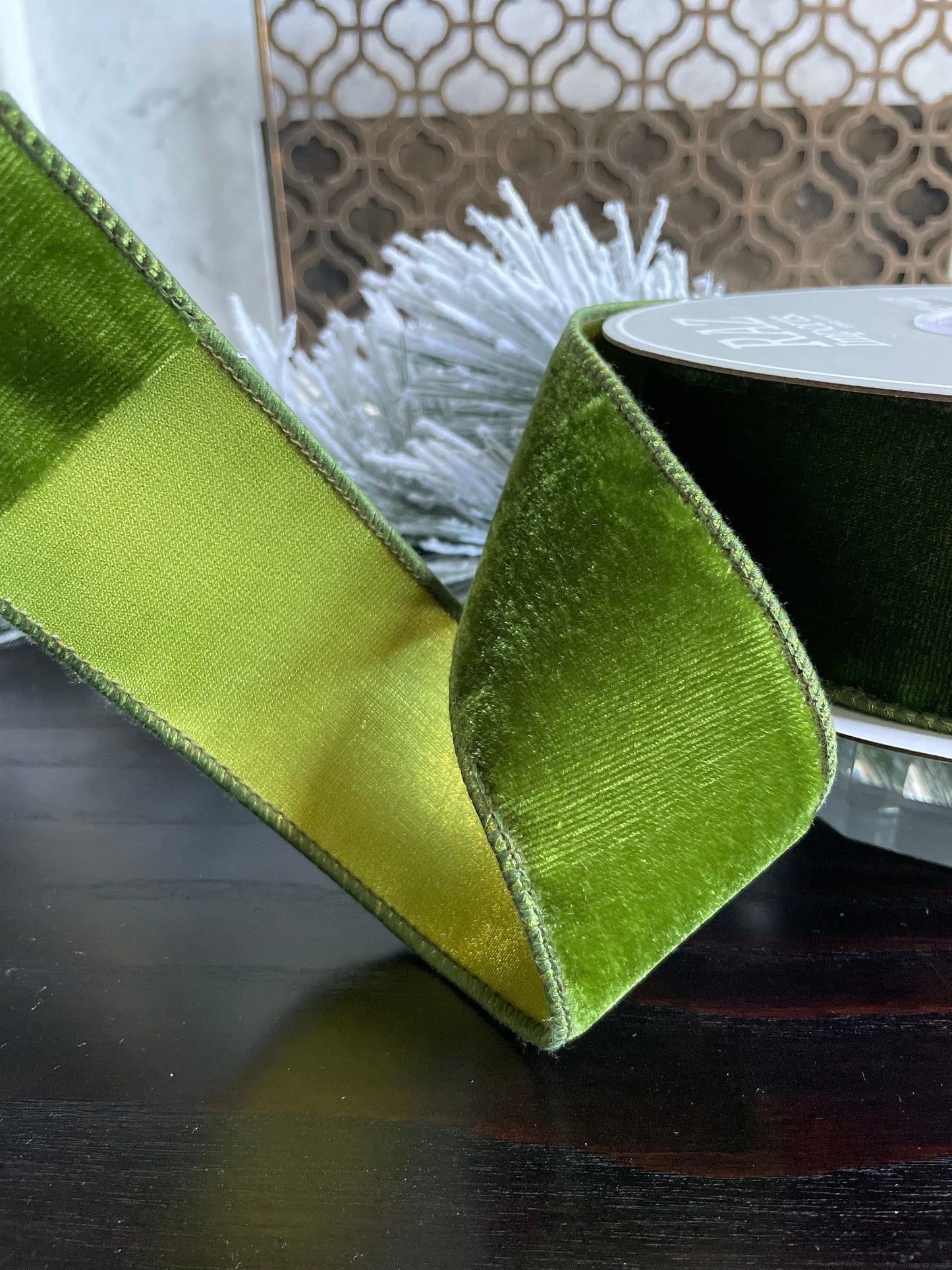 2.5” x 10 yds. Designer green velvet wired ribbon. Raz.