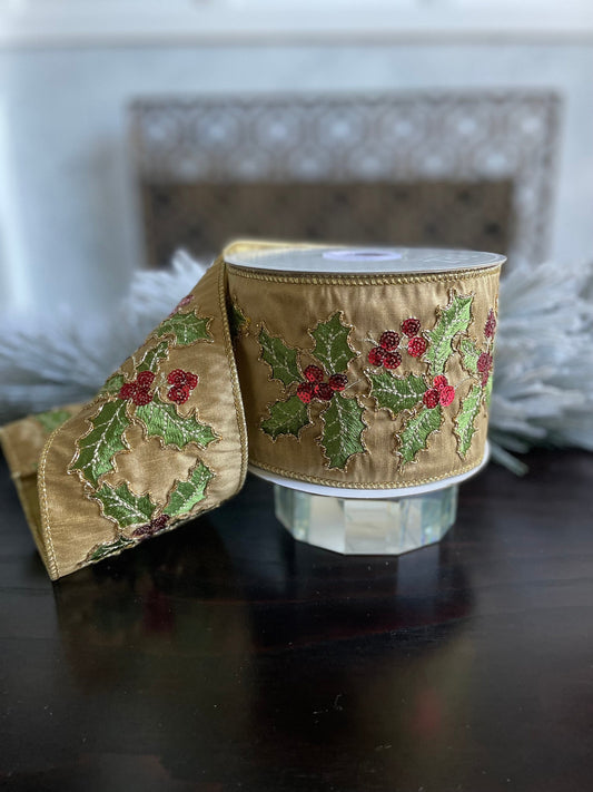 4” X 10 yds Holly embroidered wired ribbon. Raz.