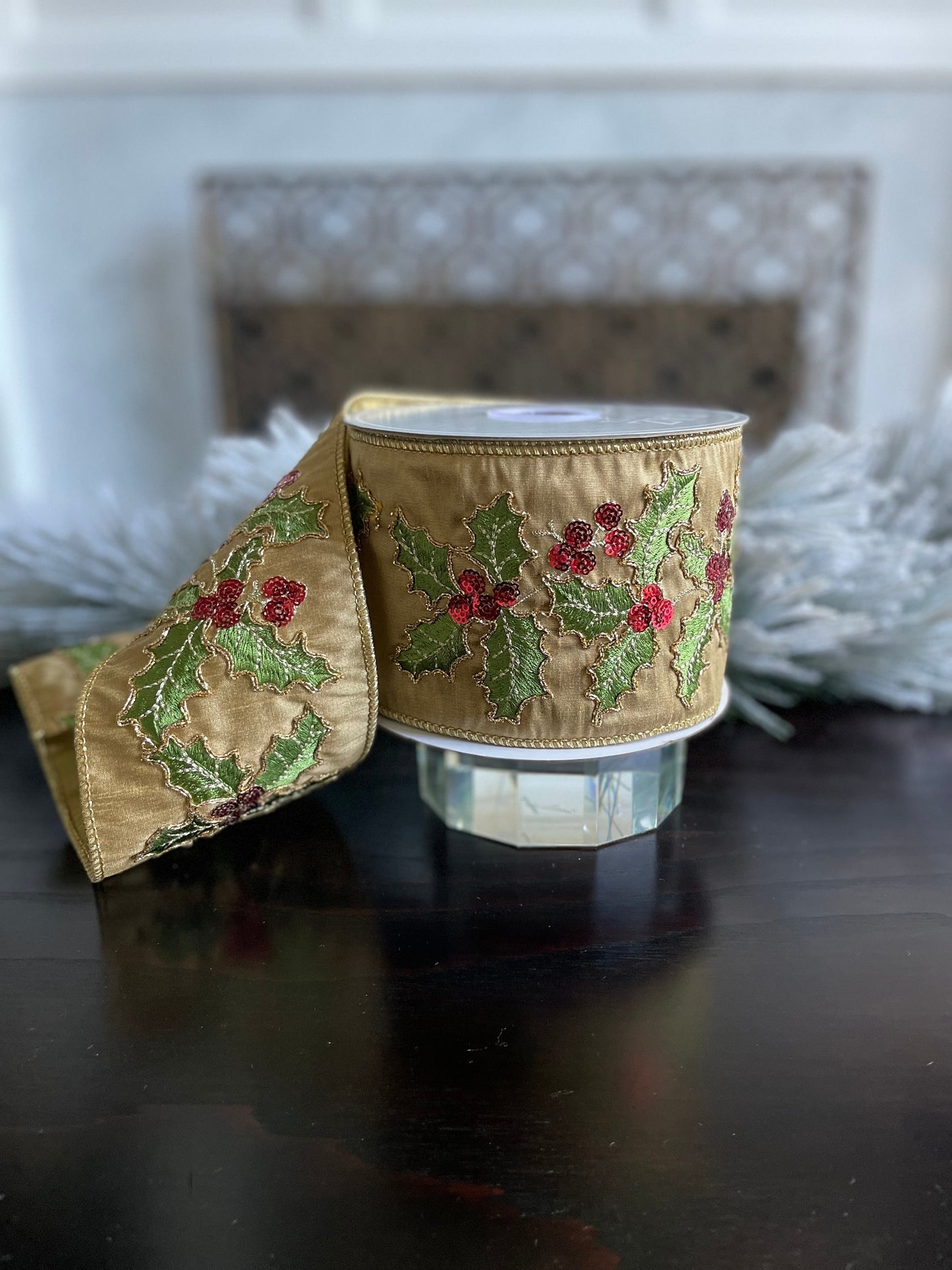 4” X 10 yds Holly embroidered wired ribbon. Raz.