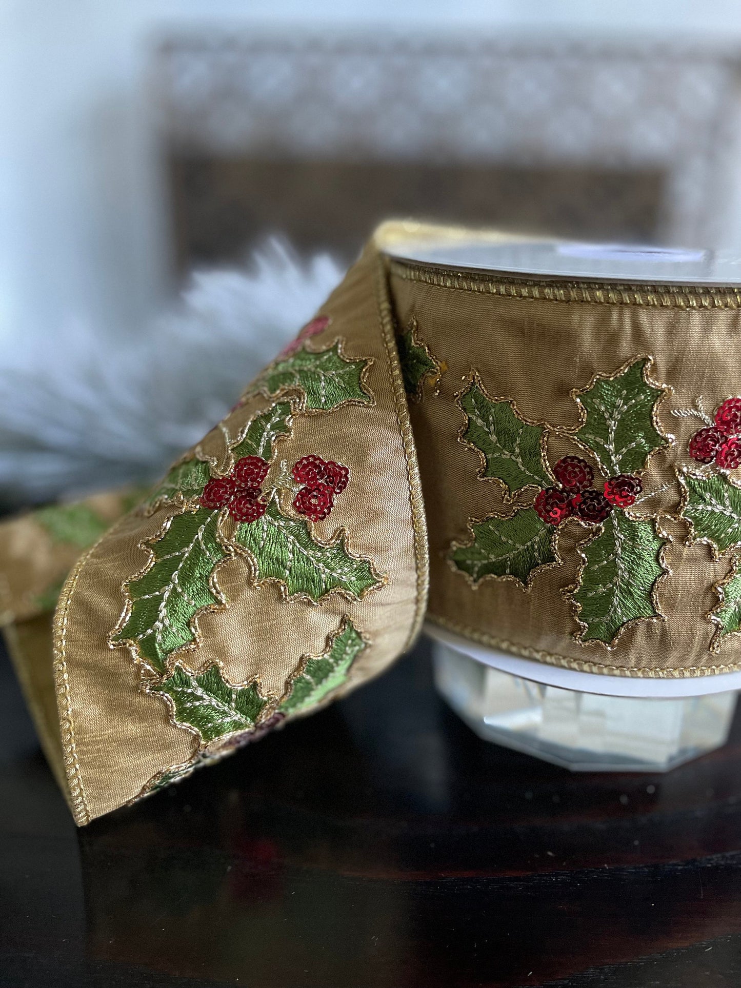 4” X 10 yds Holly embroidered wired ribbon. Raz.