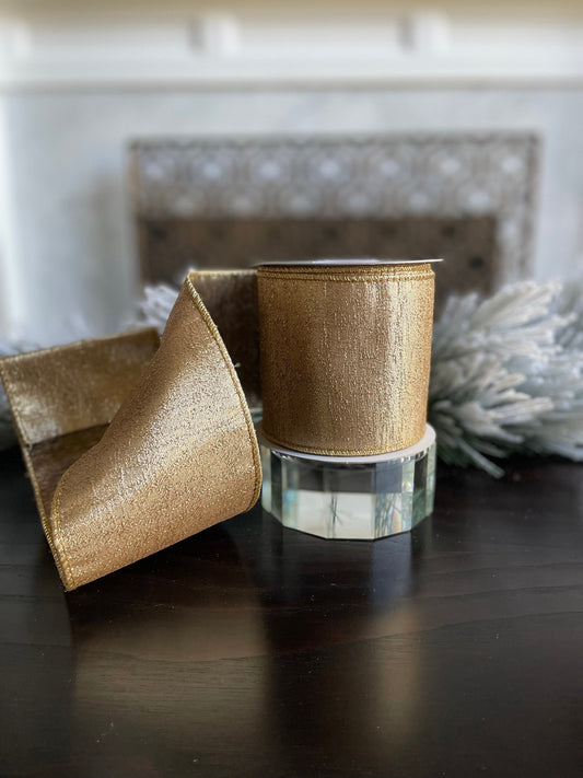 4” x 10 yds. Designer gold metallic wired ribbon. Raz.