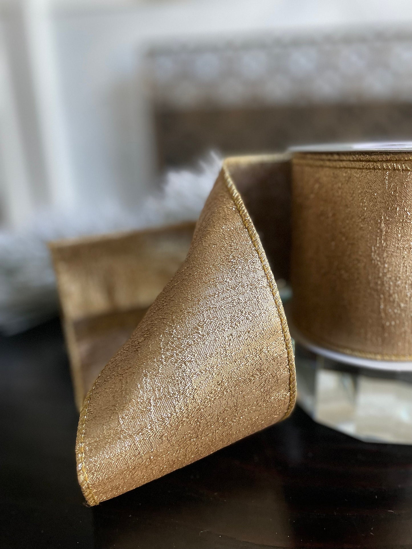 4” x 10 yds. Designer gold metallic wired ribbon. Raz.