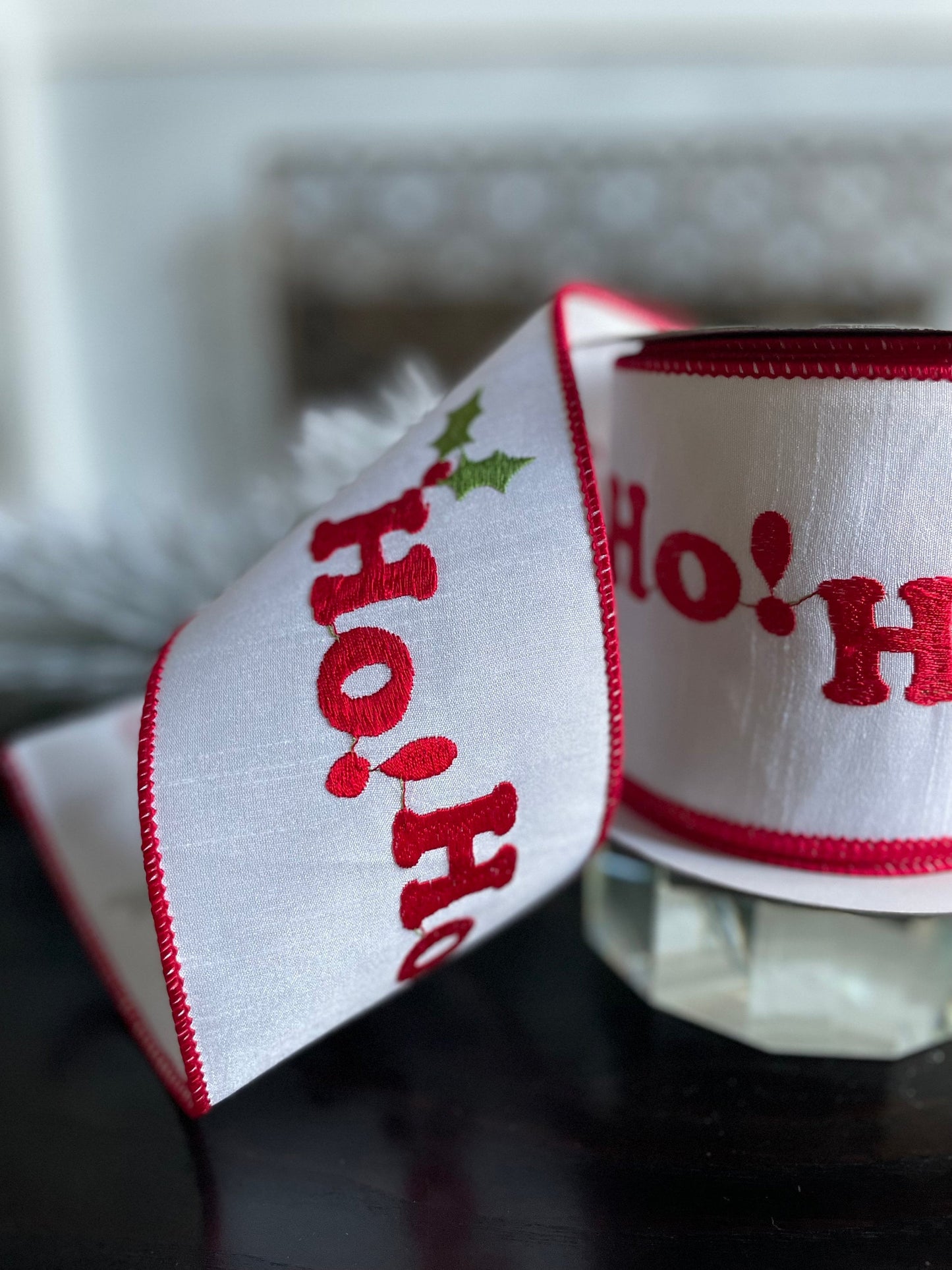 4” X 10 yds Designer Ho ho ho embroidered wired ribbon. Red, white and green. Raz.