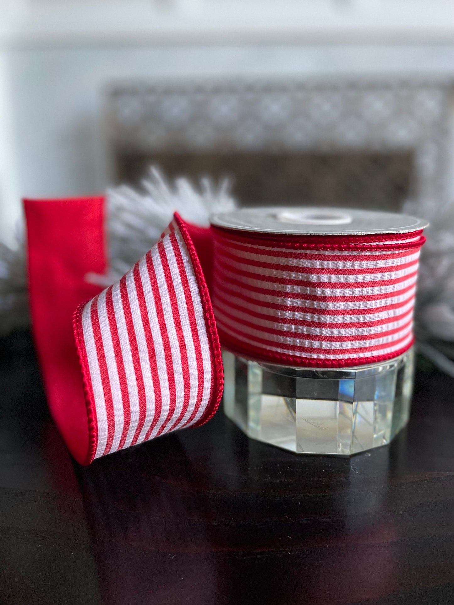 2.5” x 10 yds. Designer red and white striped wired ribbon. Raz.