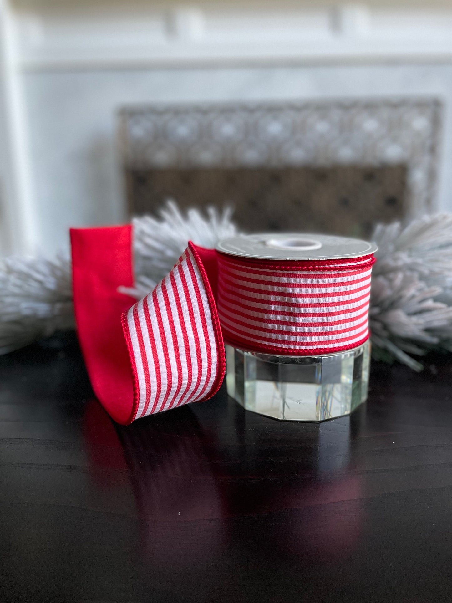 2.5” x 10 yds. Designer red and white striped wired ribbon. Raz.