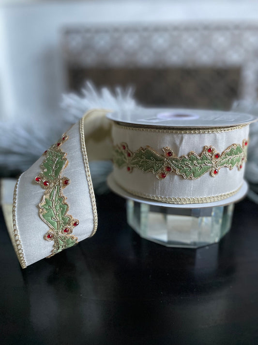 2.5” x 10 yds. Designer holly leaf wired ribbon. Raz.