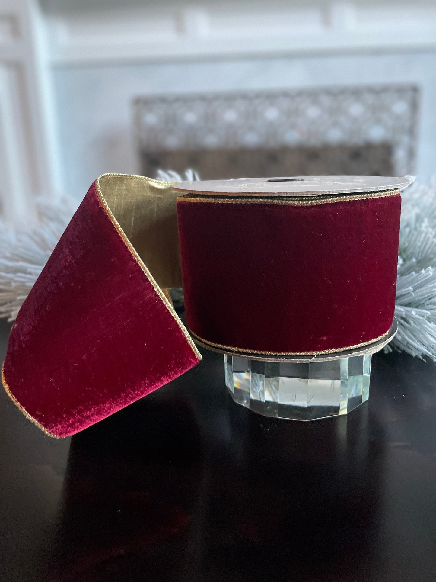 4” x 10 yds. Designer lush velvet ruby gold ribbon with light gold back.