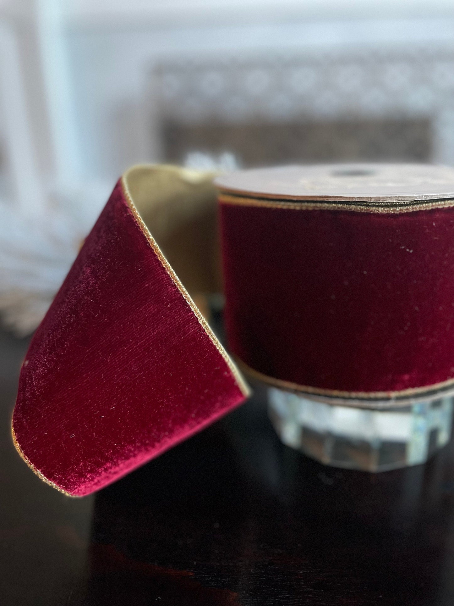 4” x 10 yds. Designer lush velvet ruby gold ribbon with light gold back.