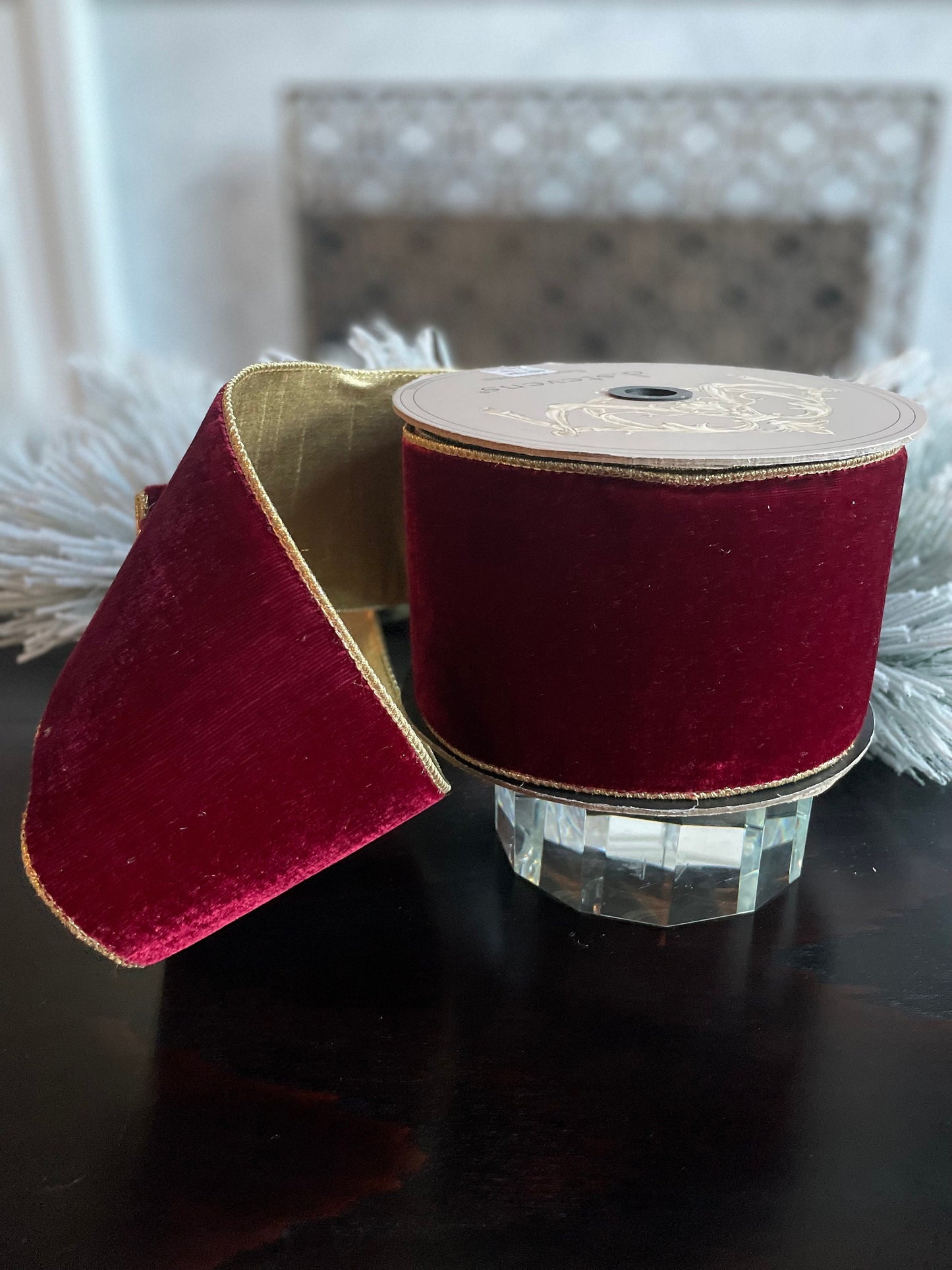 4” x 10 yds. Designer lush velvet ruby gold ribbon with light gold back.