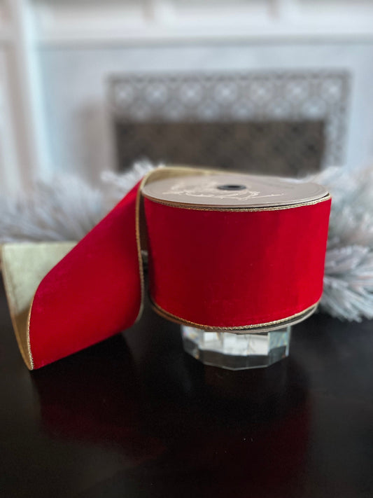 Designer lush velvet red, light gold back ribbon. 4”x 10 yards. Wired.