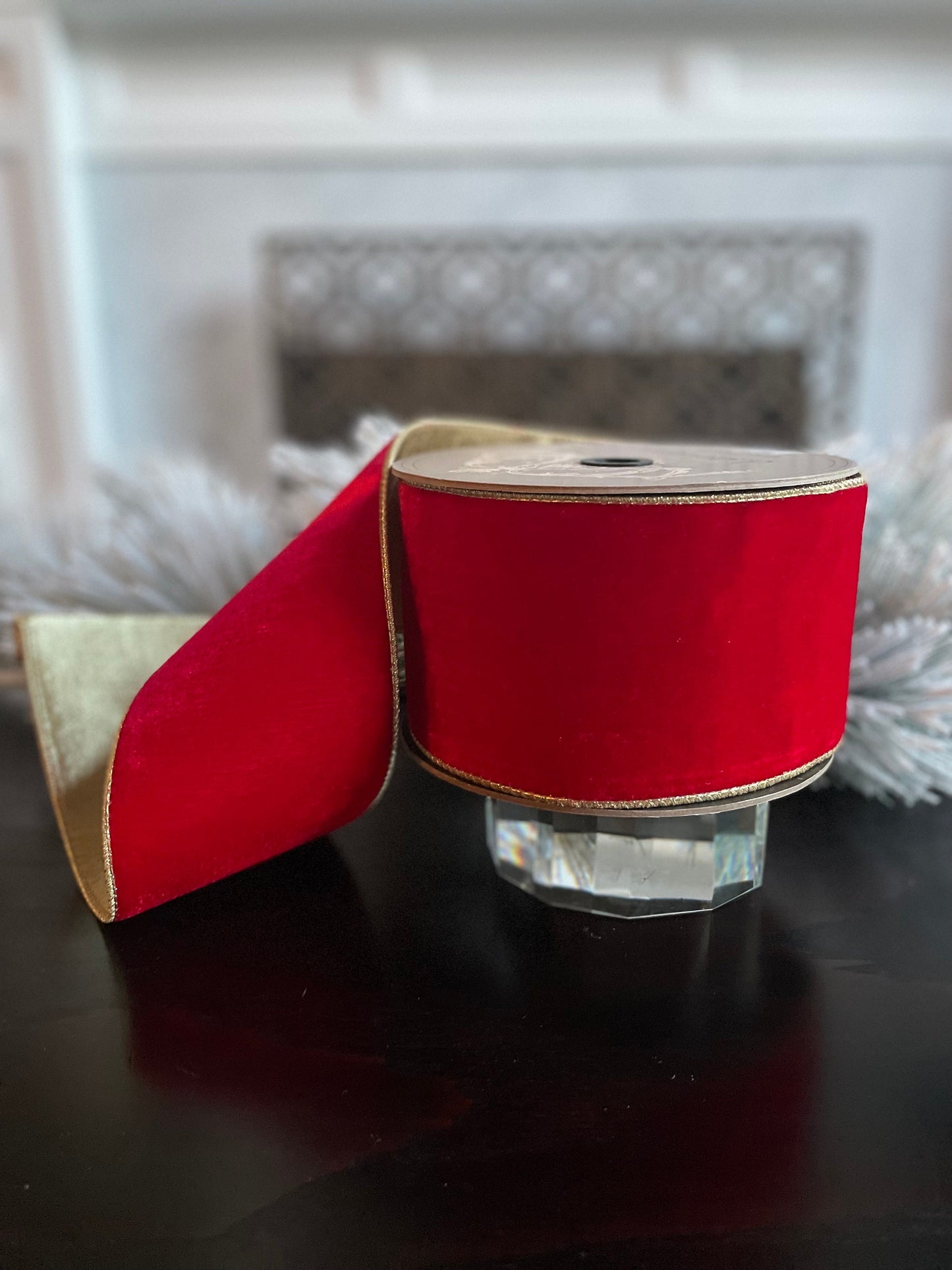 Designer lush velvet red, light gold back ribbon. 4”x 10 yards. Wired.