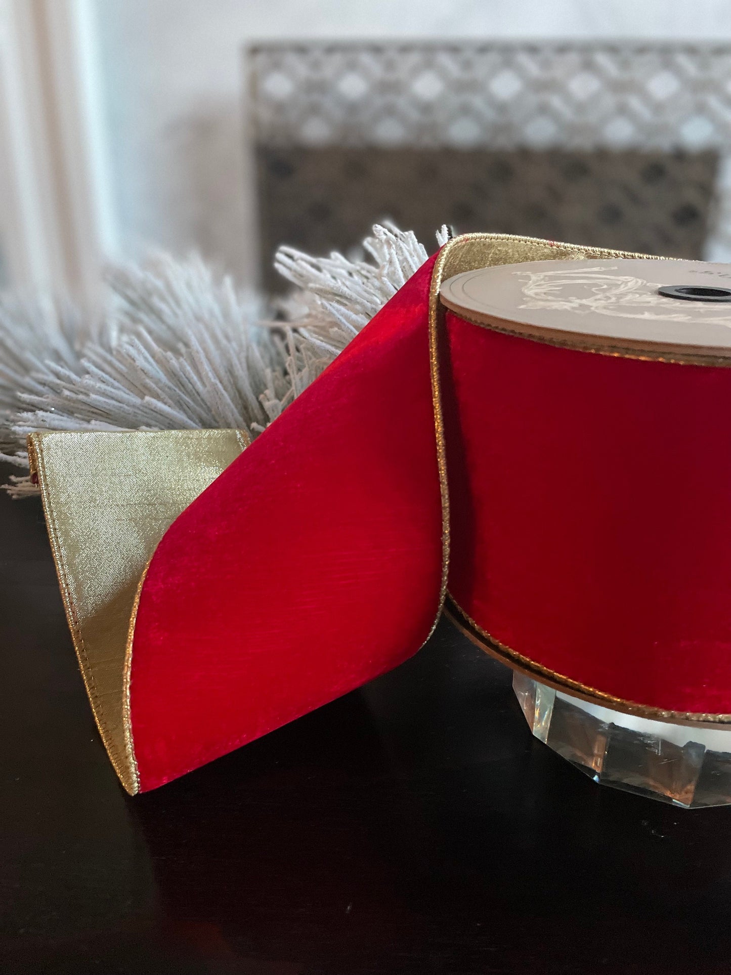 Designer lush velvet red, light gold back ribbon. 4”x 10 yards. Wired.