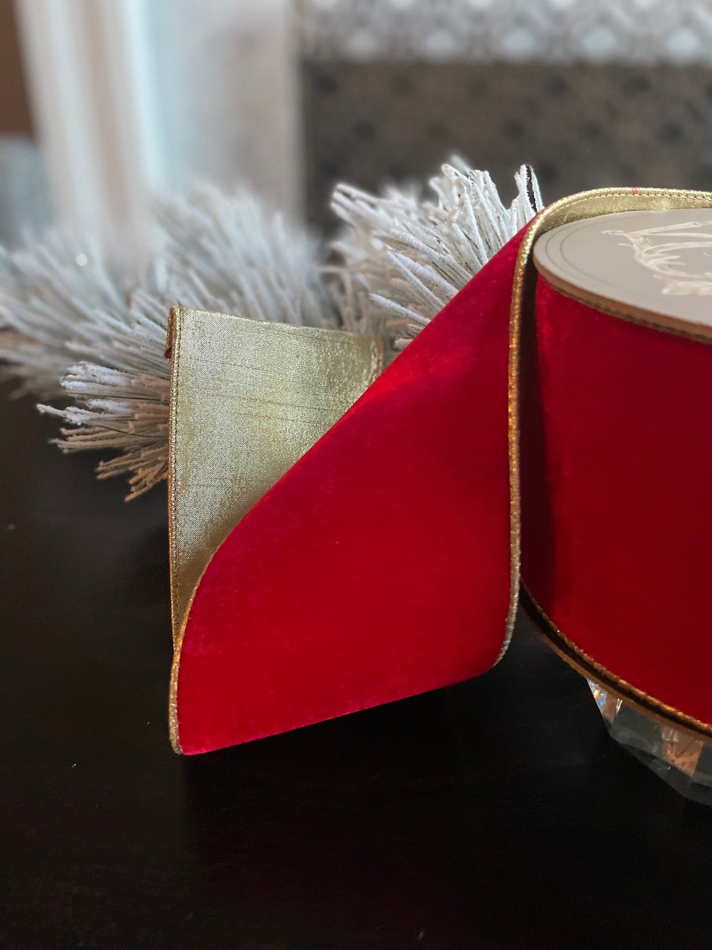 Designer lush velvet red, light gold back ribbon. 4”x 10 yards. Wired.