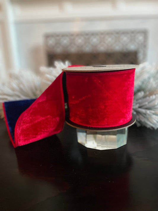 Designer Red and Royal blue back double sided velvet ribbon. 4”x 5 yards. Wired. D. Stevens.