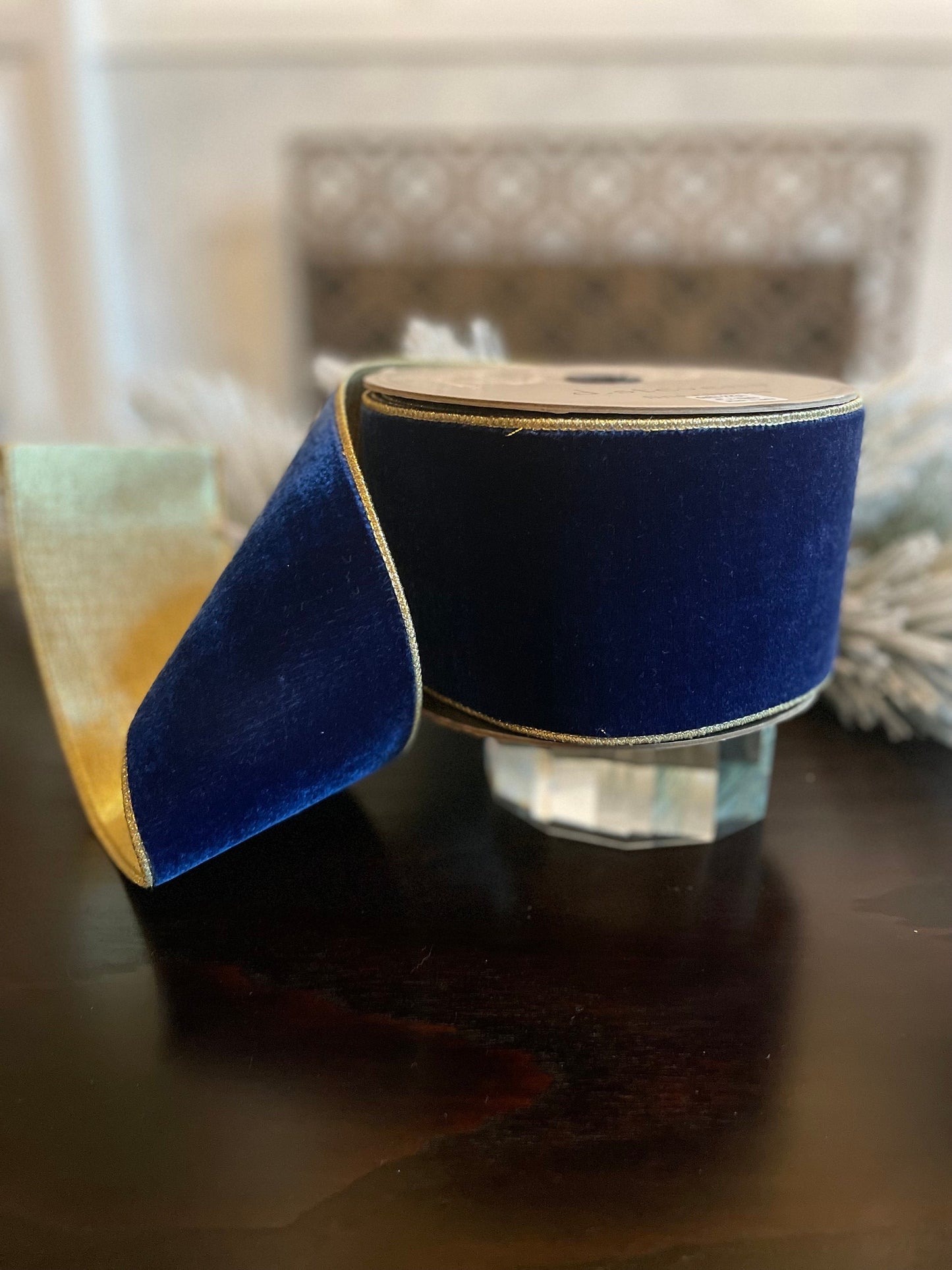 Designer lush velvet sapphire, light gold back ribbon. 4”x 10 yards. Wired. D. Stevens.