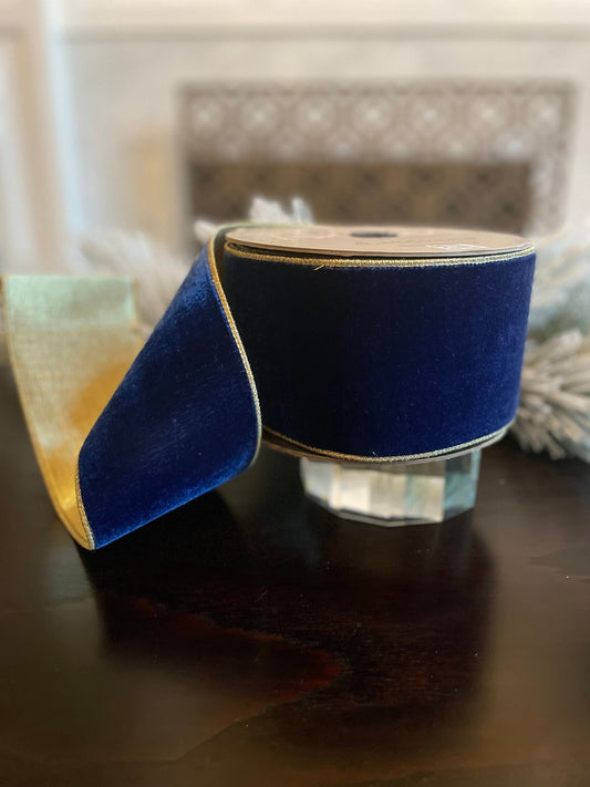 Designer lush velvet sapphire, light gold back ribbon. 4”x 10 yards. Wired. D. Stevens.