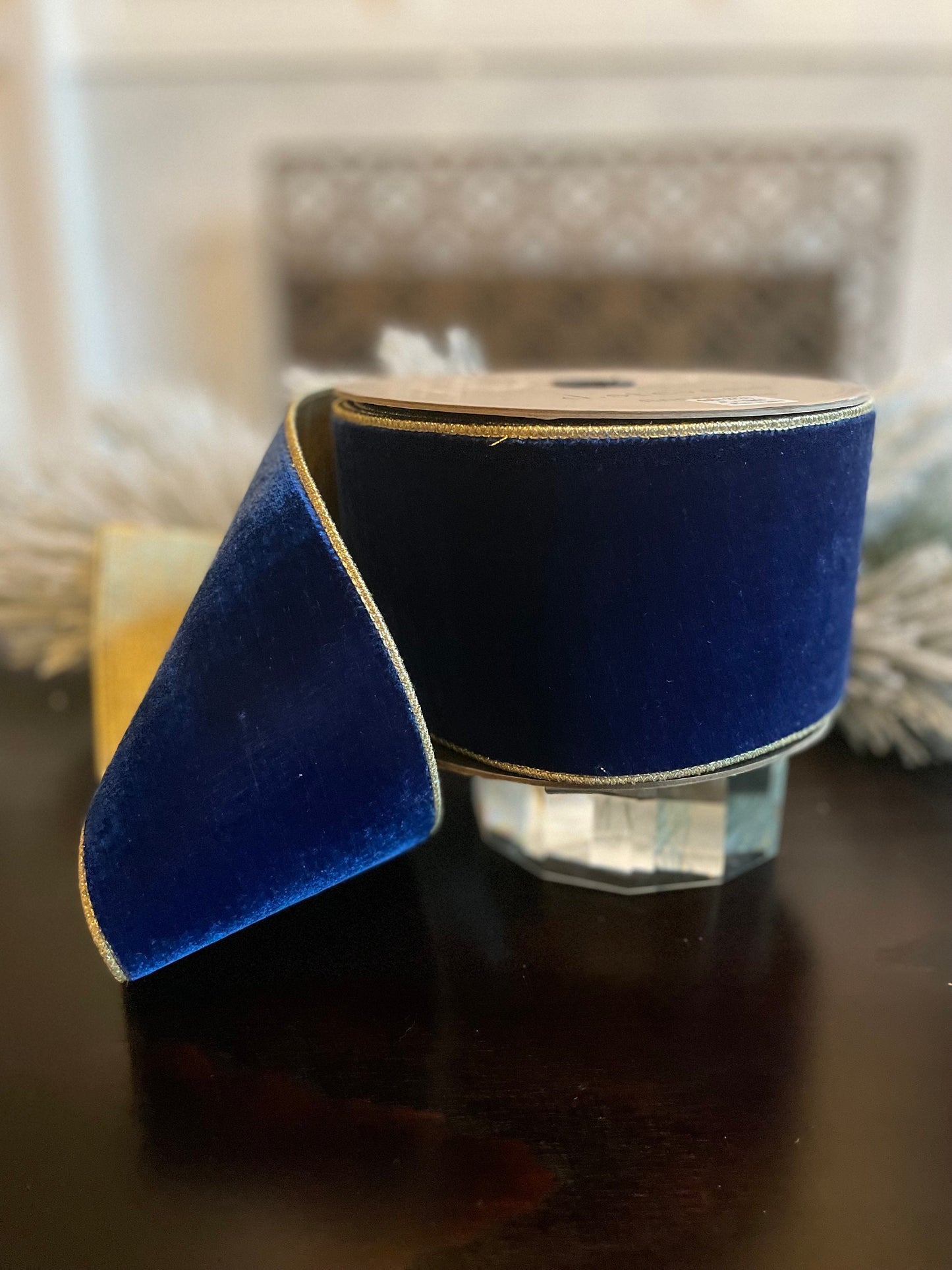 Designer lush velvet sapphire, light gold back ribbon. 4”x 10 yards. Wired. D. Stevens.